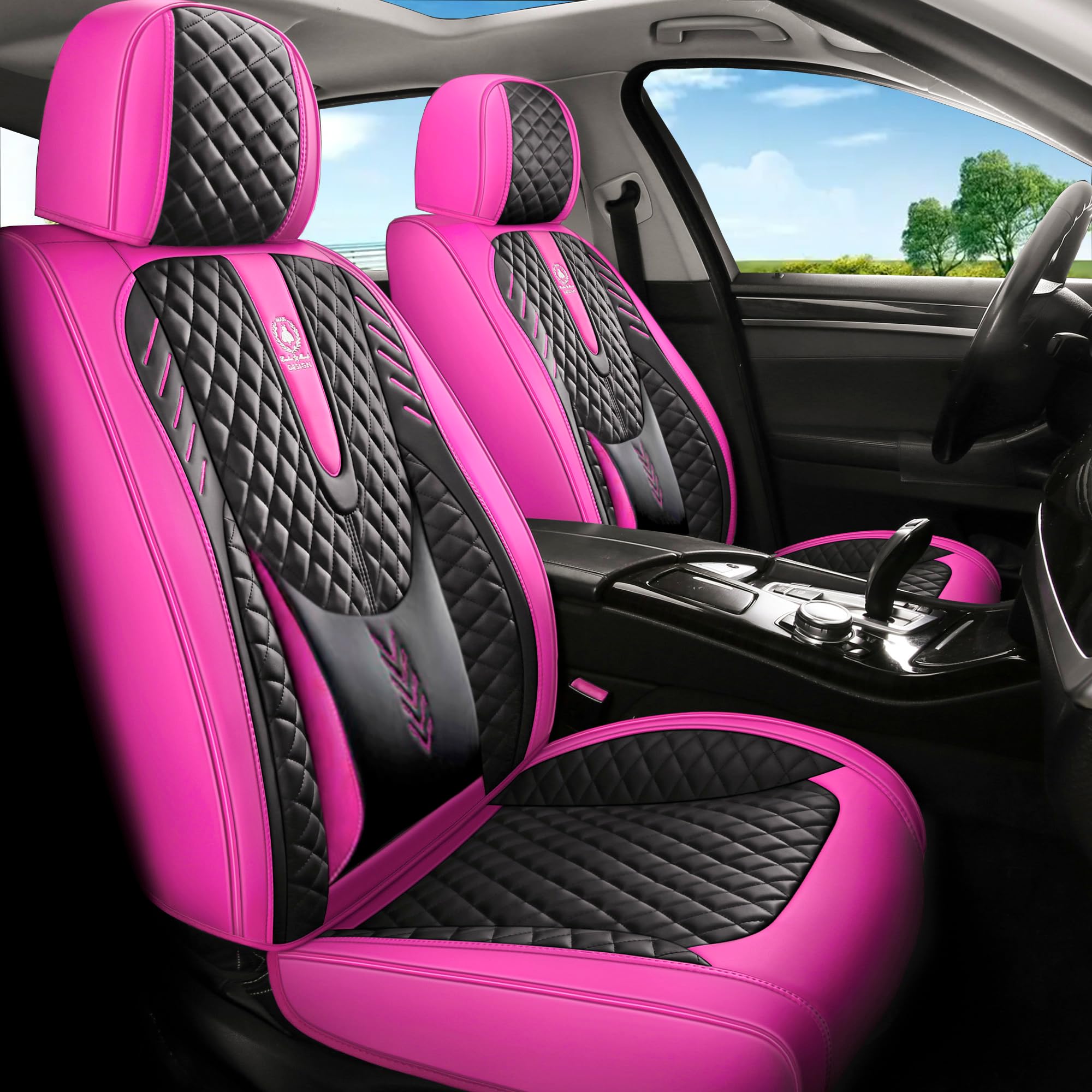 INZU Car Seat Cover 5-Seats Full Set Universal fit, Suitable for Most Cars, SUV, Airbags Compatible with Synthetic Leather Car Seat Cushion Protectors. (Black & Rose)