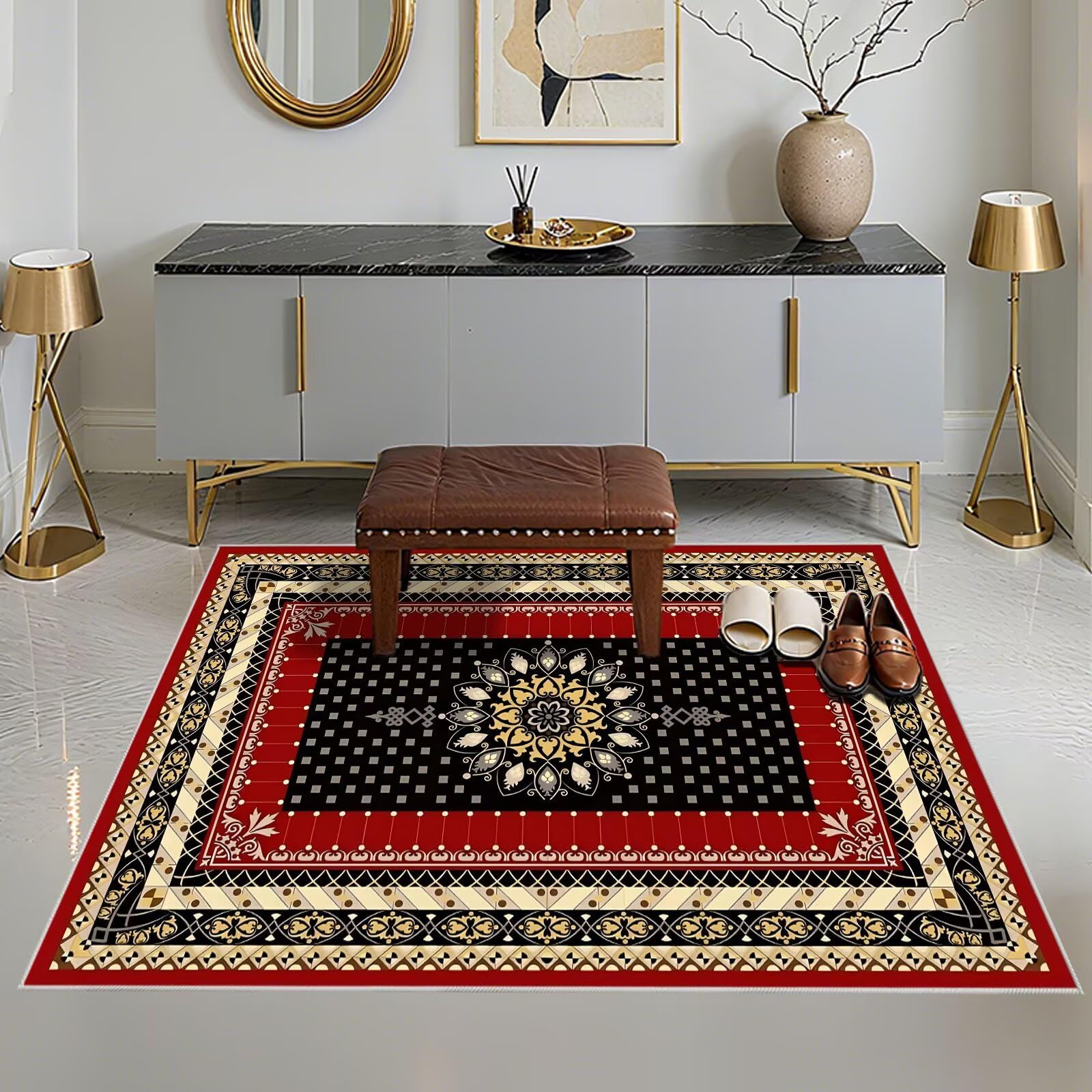 Kuschelig Weich Teppich Wohnzimmer Kurzflor 200x250cm,Rot Großer Teppich,Persischer Stil für Balkon,Gegend,Matt Floor