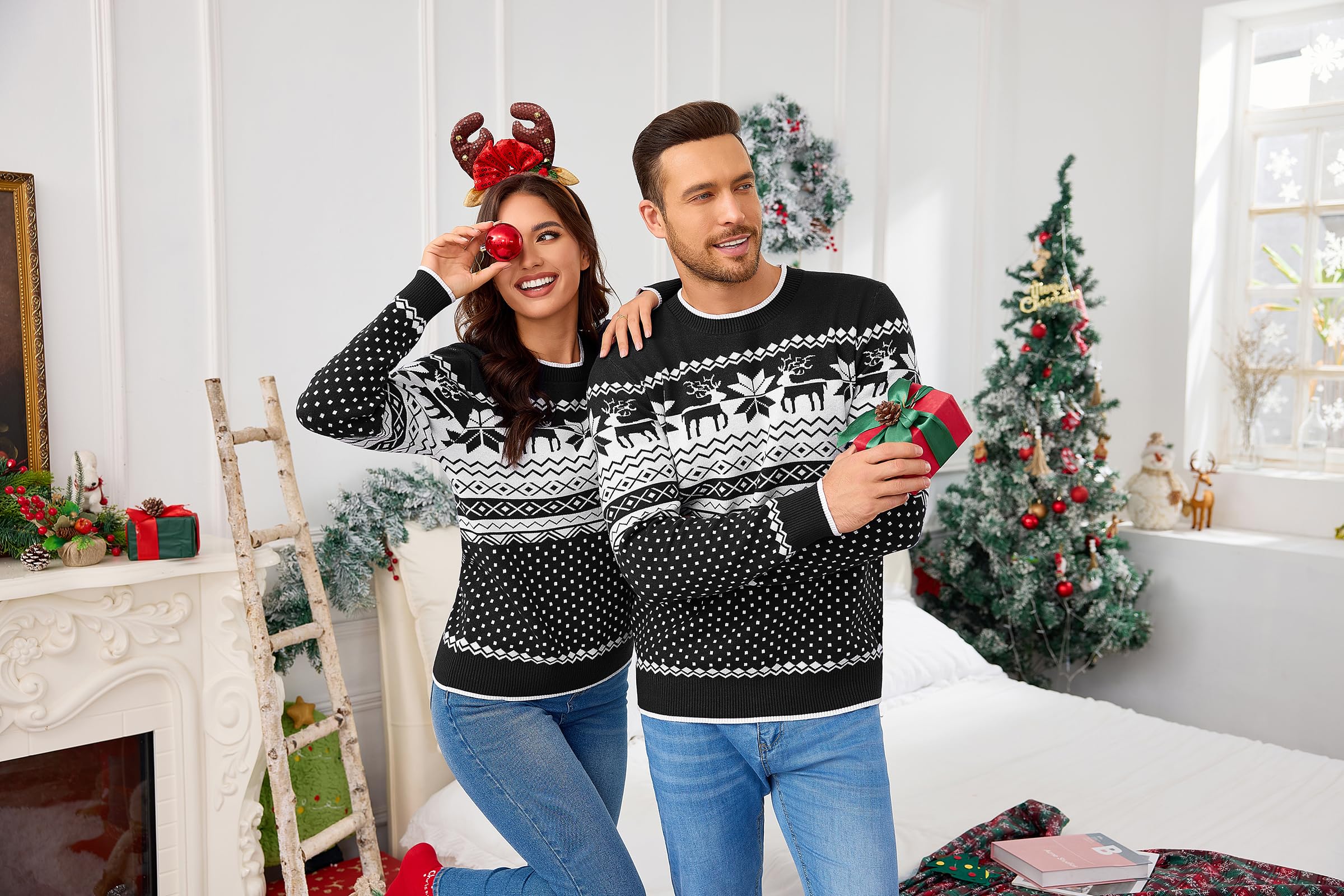 Pull de Noël Famille en Maille Col Rond Motif Renne | Motif renne et flocon, col rond et manches longues pour les fêtes, les soirées d’hiver et les cadeaux de Noël.
