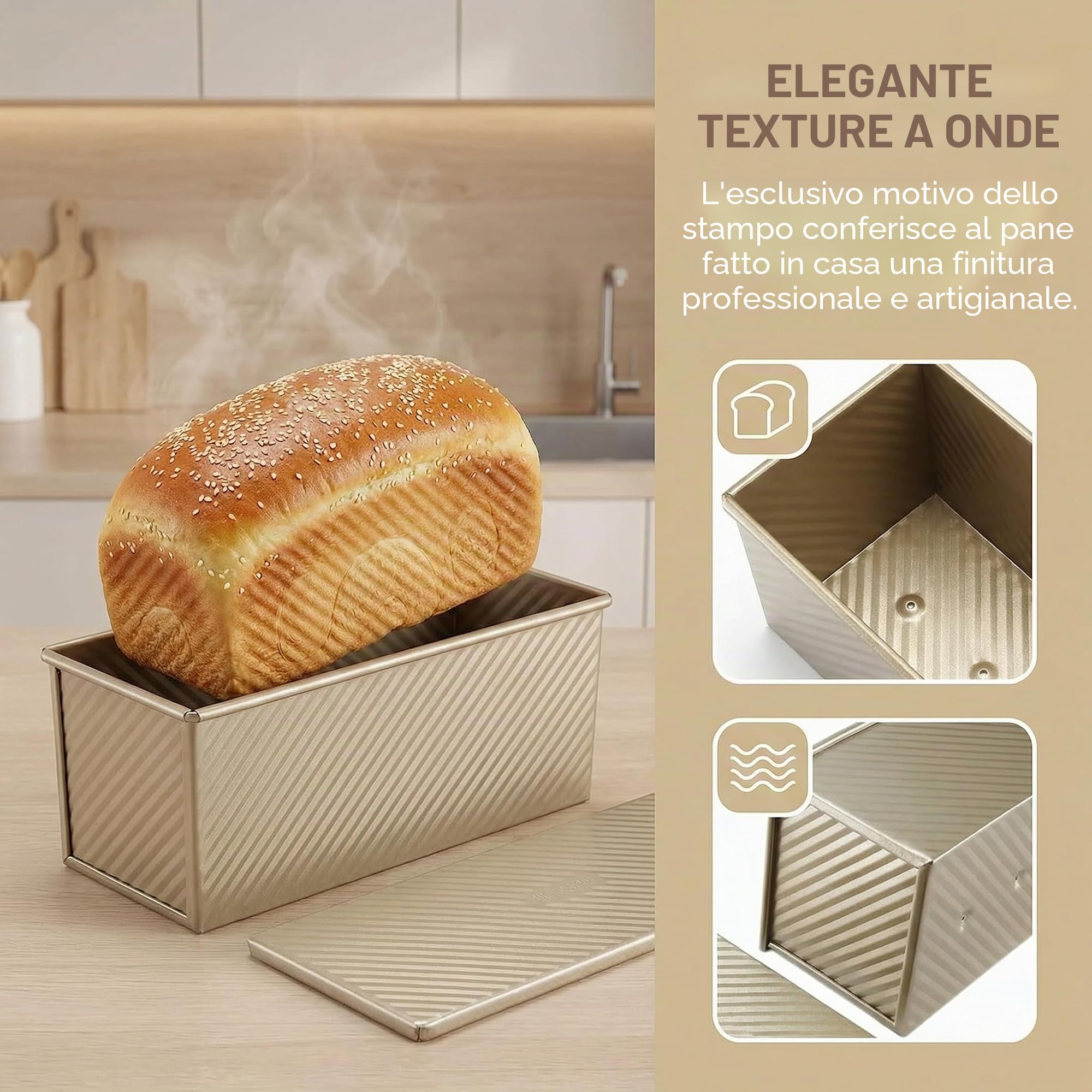 Stampo per Pane Tostato con Coperchio 32x12x11,5cm Teglia Antiaderente per Pane Tostato in Acciaio al Carbonio Stampo Pane in Cassetta con Fori di Ventilazione per Pane Toast e Torte, Oro