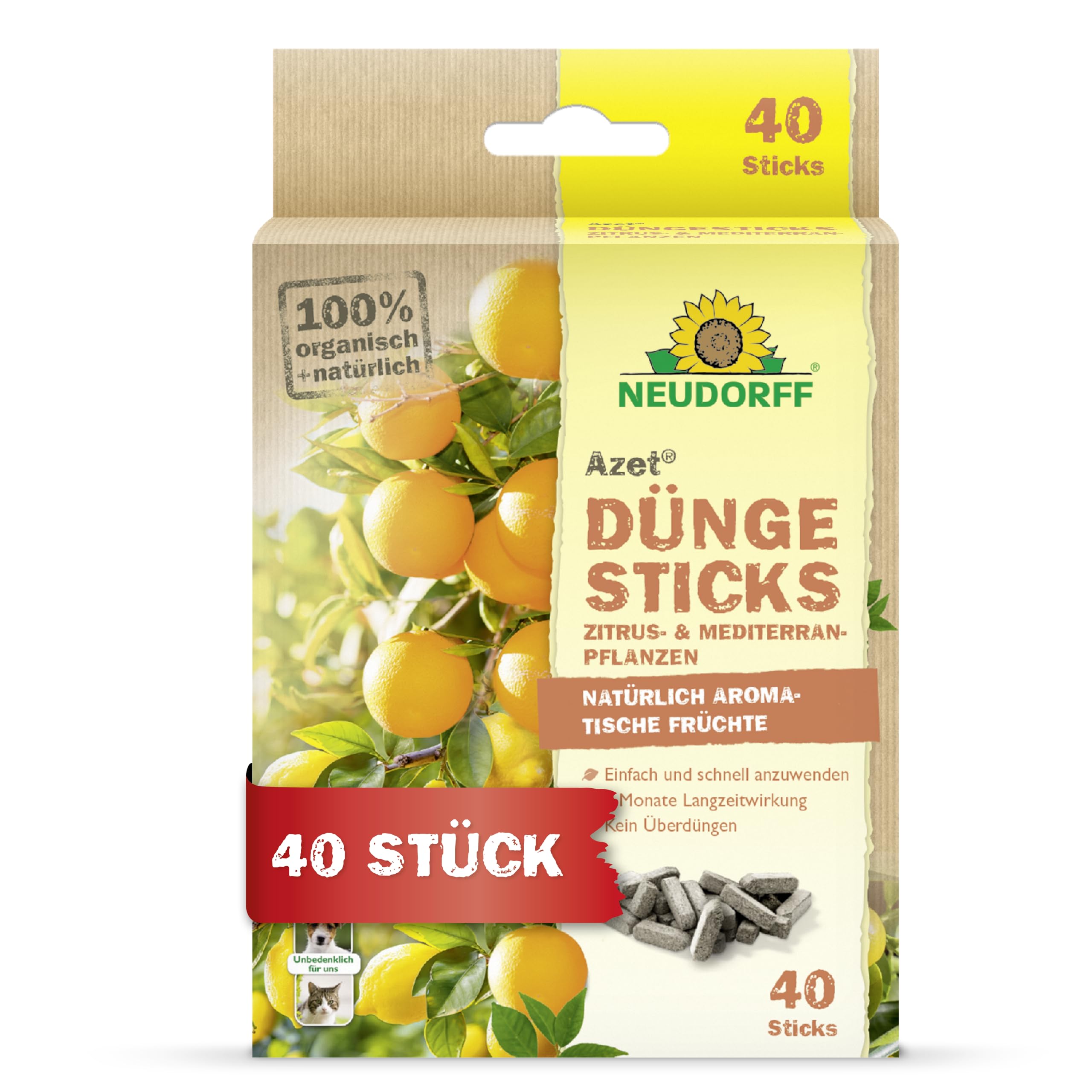 Neudorff Azet DüngeSticks für Zitrus- und Mediterranpflanzen – Bio Zitrusdünger sorgt für leckere Früchte und kräftig grüne Blätter, 40 Stück