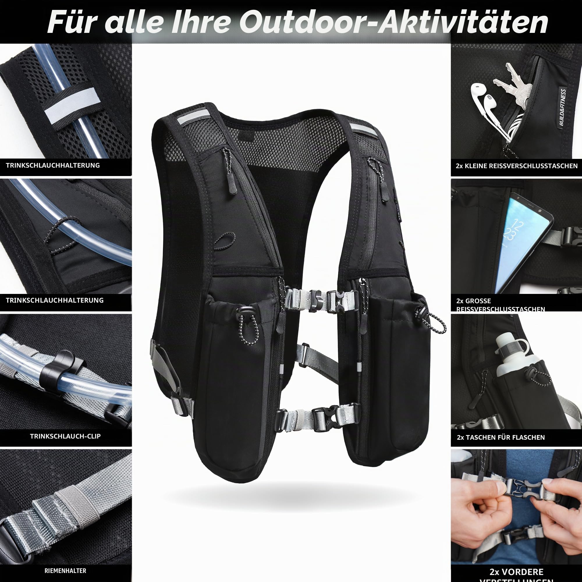 Lauf-Trinkweste für Damen und Herren. Reflektierend, 8 Taschen, schnell trocknend, 1.5L, Verstellbarer Rucksack für Läufe, Radfahren, Trails, Marathons