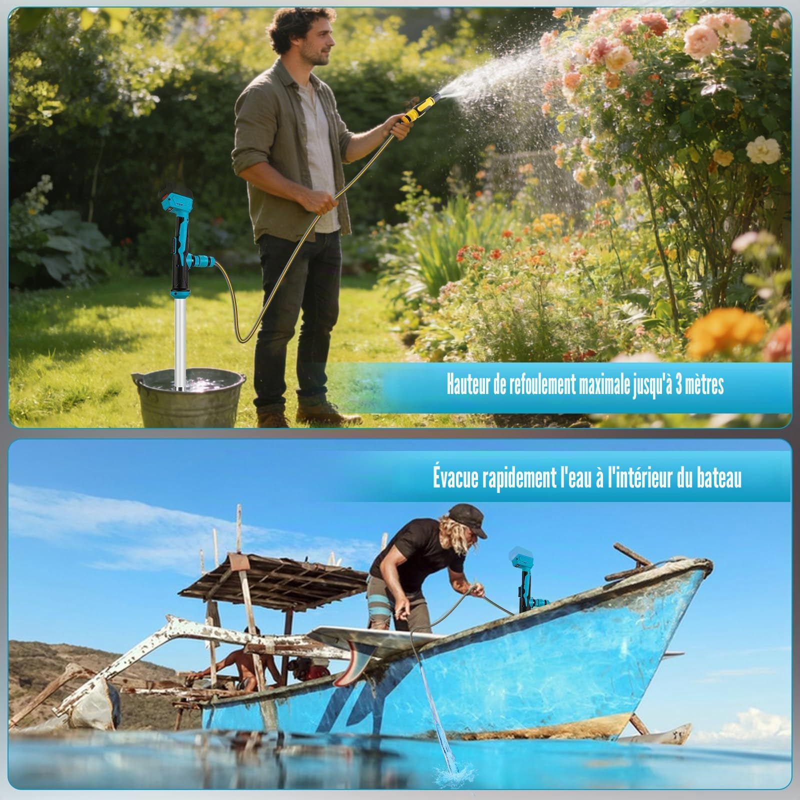 Pompe de transfert d'eau sans fil compatible avec Ma-Kita 18 V, pompe de transfert portable, hauteur de tête de 3 m, débit élevé de 3600 l/h pour sous-sol, piscine, étang, barils de pluie, drainage de