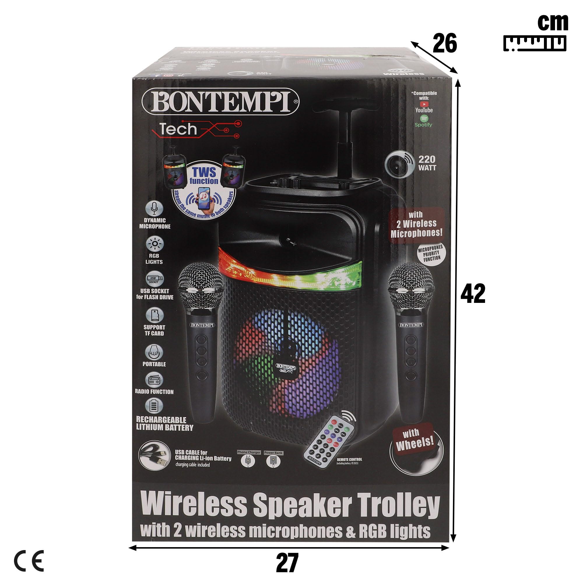 ColorBaby Bontempi Altavoz Maleta inalámbrico con Karaoke, 300W de Potencia, 2 micrófonos, Luces RGB, Radio, Pantalla, Ecualizador de Sonido, Dos Altavoces a la Vez, Batería Recargable USB (39223)