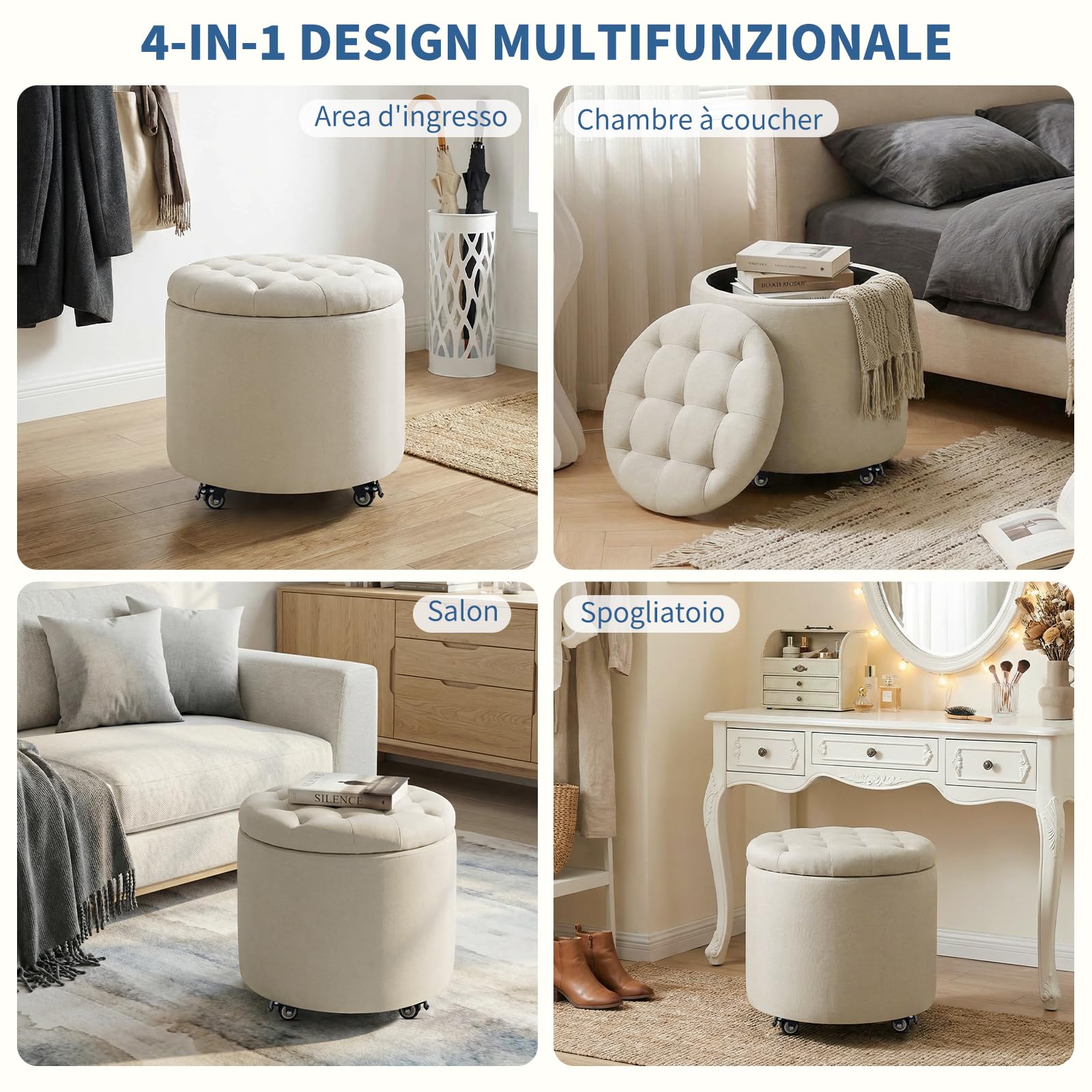 Pouf Contenitore con Ruote, 48cm Pouf Poggiapiedi Rotondo, Sgabello Imbottito con Lavorazione Capitonné e Coperchio Rimovibile per Soggiorno, Camera da Letto e Sala da Pranzo, Lino, Beige