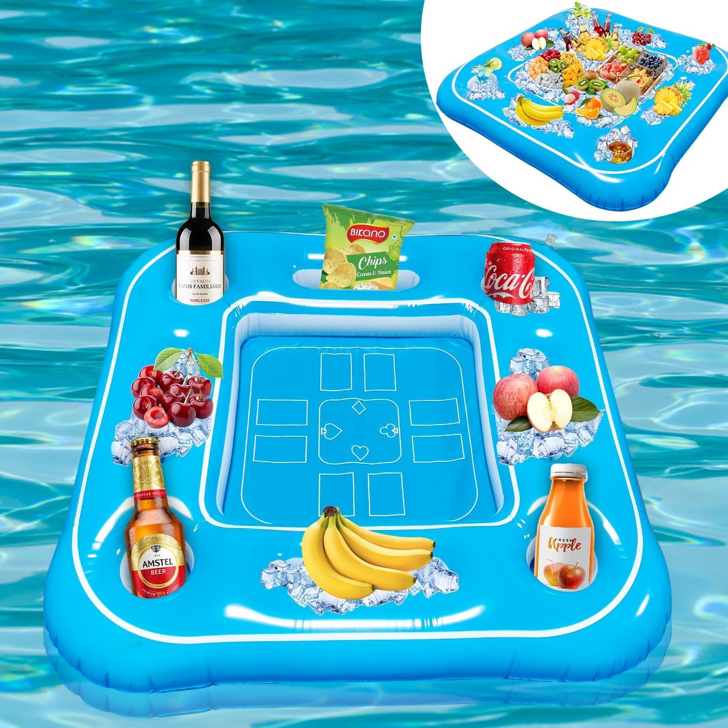 Fistone Large Inflatable Floating Game Table - Tray for Pool & Beach Party, Summer Fun Food & Drink Holder for Pool-Blue