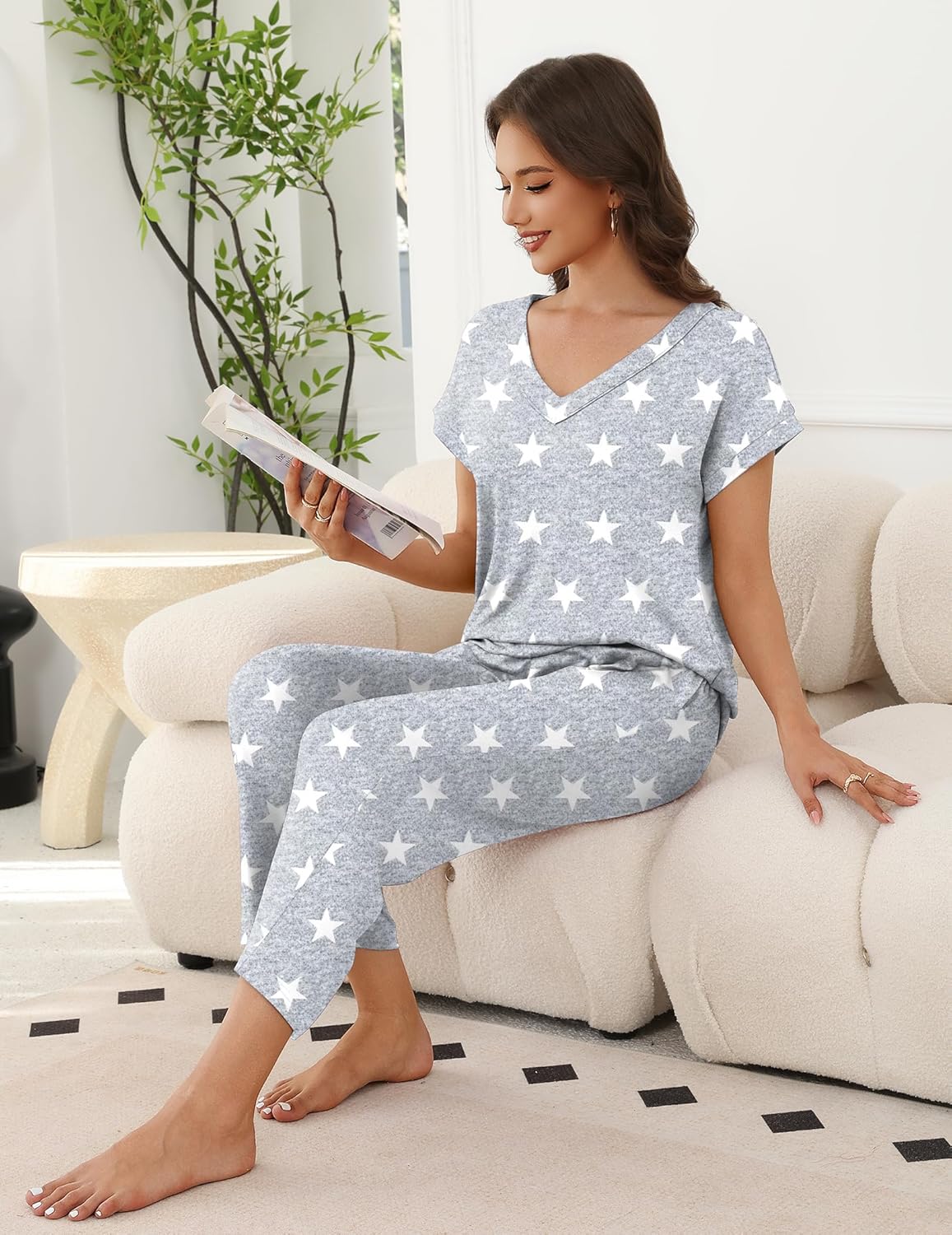 Ekouaer 2 Pack Pajamas for Women Short Sleeve V Neck Pj 2 Piece Lounge Sets S-XXL - Image 2