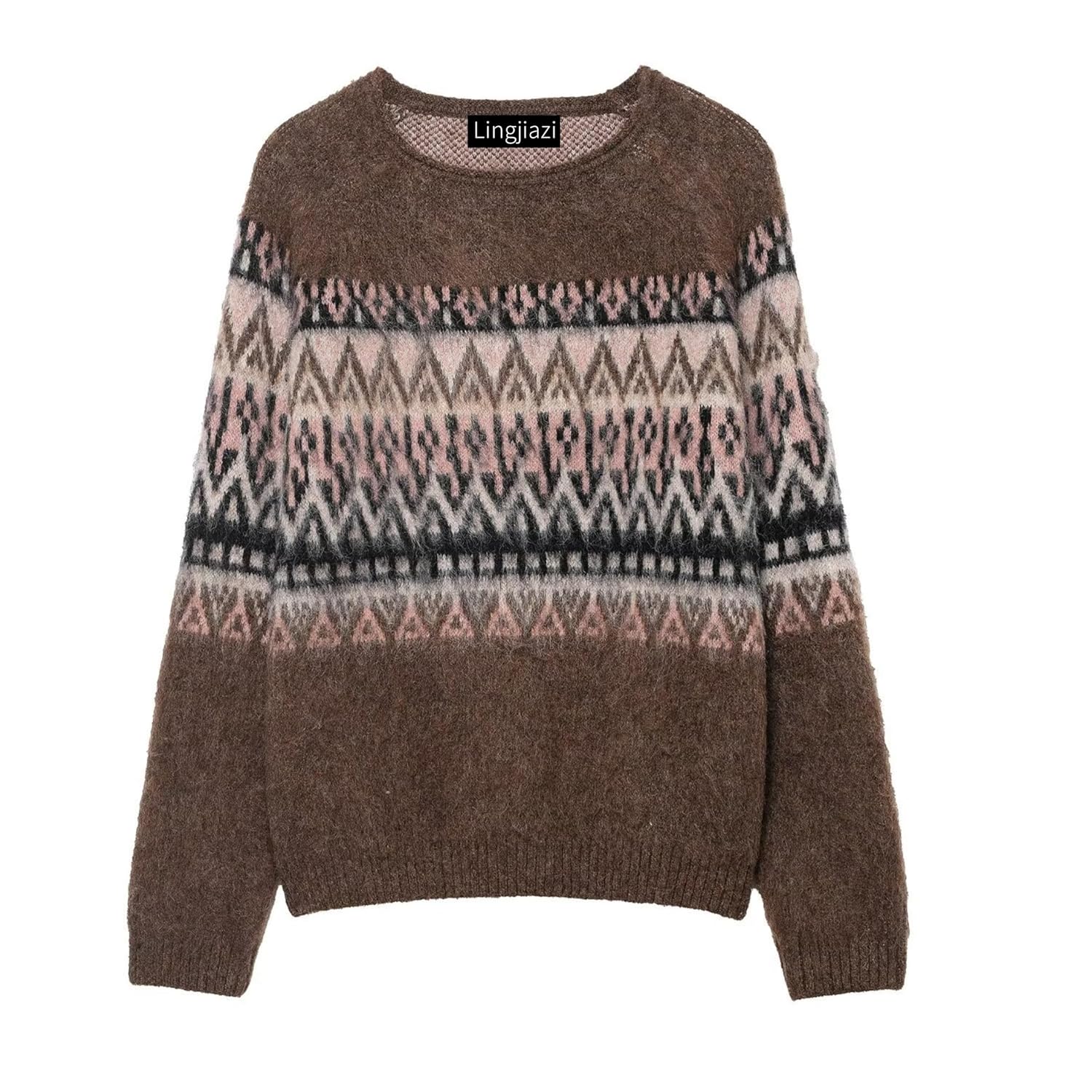 Womens Crew Neck Sweater Casaul Long Sleeve Fair Isle Print Knitted Pullover Sweater
