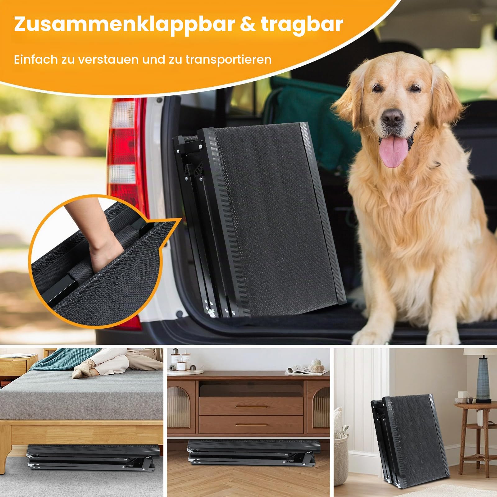 Hunderampe Auto klappbar, 160 x 44 cm Hunderampe mit Rutschfester Oberfläche, Faltbare Hundetreppe für Mittlere & Große Hunde zum Einstieg in LKW, SUV und Auto, Rampe Hund für Bett, Sofa, Stufen