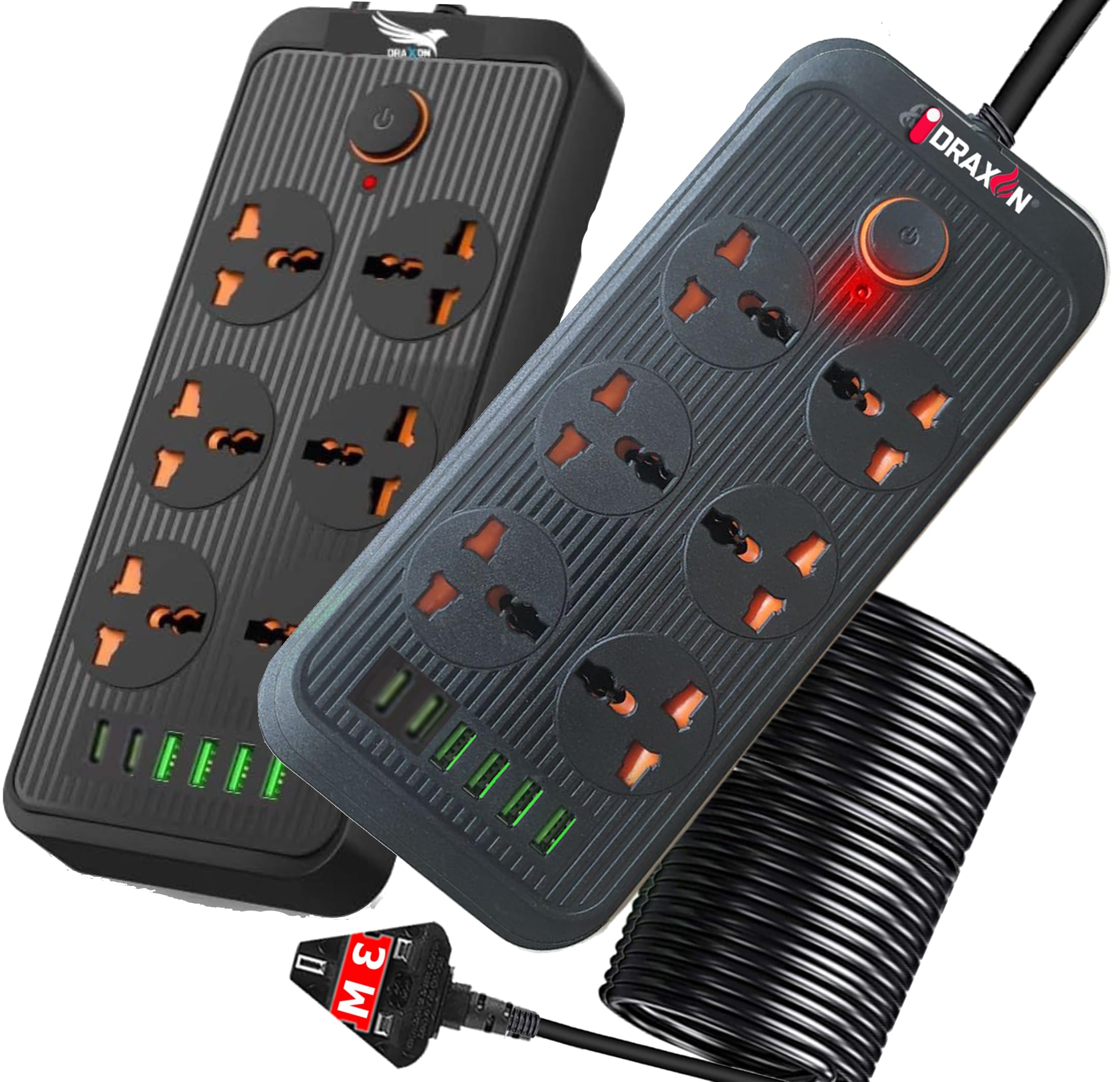 Draxon Multi Plug Extension Cord Socket, 6 Way Electrical Outlet Extender, | 4 USB Port A | 2 Type-C Port, Universal Plug Adapter, Charging Station for Home, Office, Kitchen, Individually Switched