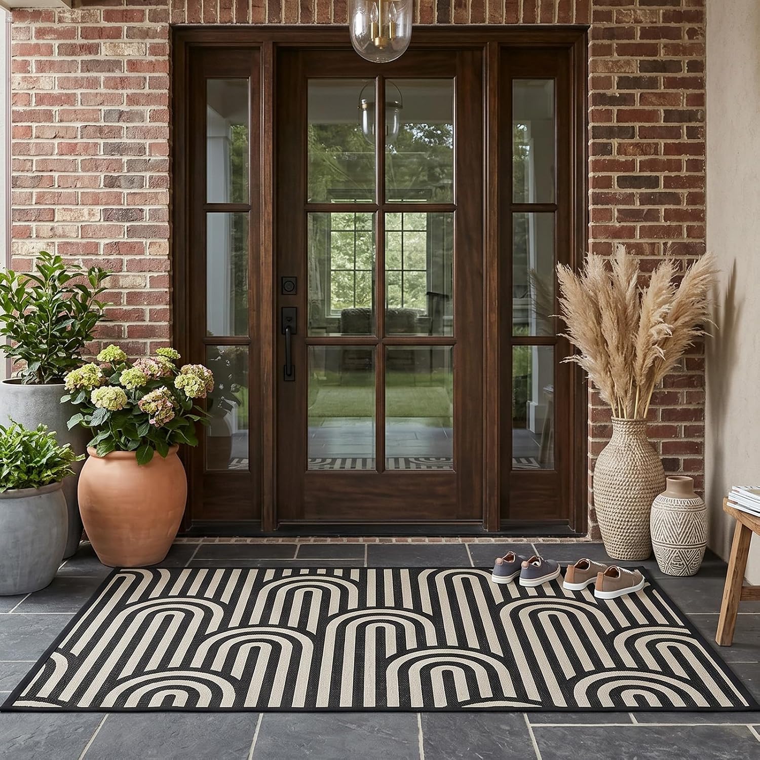 Sage Green Plaid Layering Rug for Front Porch, Khaki and Brown Checkered Door Mat Outside Entrance, Plaid Outdoor Layering Rug for Indoor Entryway Kitchen Patio Decor (27.5"x 43")