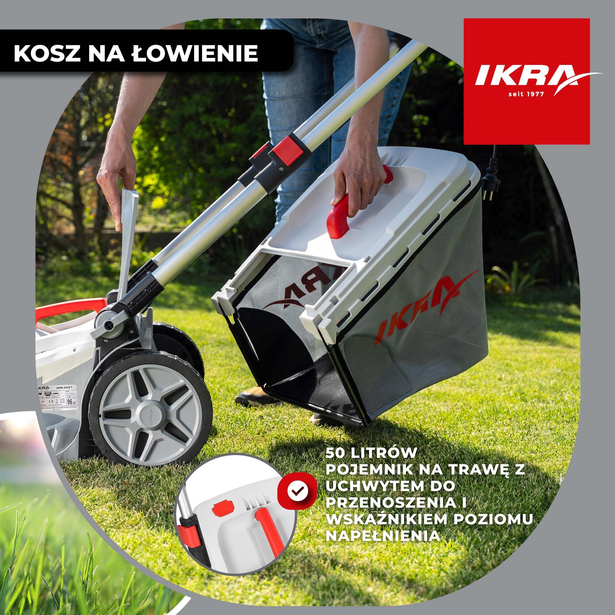 IKRA Kosiarka elektryczna IERM 2043 T, 2000W, 43cm, nóż zapasowy w zestawie | 3-stopniowa regulacja uchwytu, 5 wysokości koszenia 30–75 mm, kosz 50 l i zestaw do mulczowania, hartowany nóż