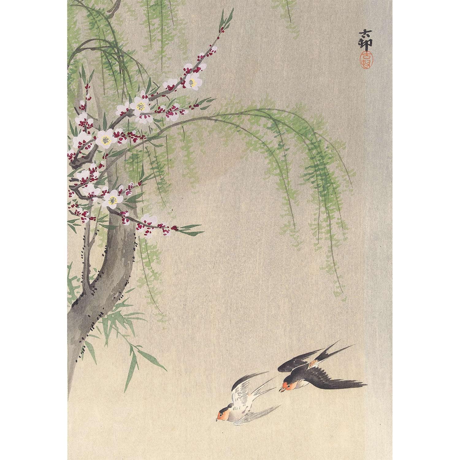 Amazon.co.jp: ROSSOGRAFICO 小原古邨 ポスター 柳、桜に燕 浮世絵