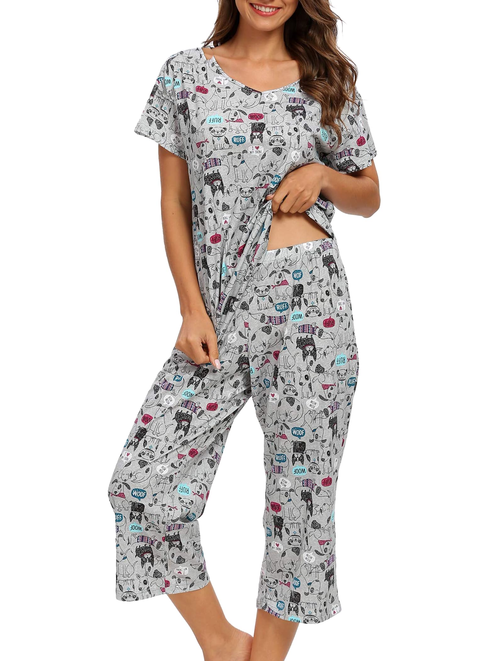 MIA LUCCE Schlafanzug Damen Zweiteiliger Pyjama Sommer Nachtwäsche Kurz Baumwolle Hausanzug Capri Sleepwear Oberteil und 3/4 Hose S-XXL