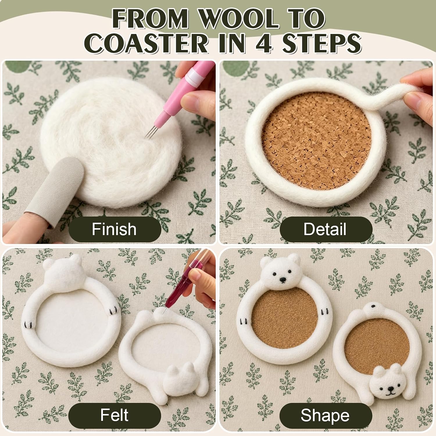 Thinas Needle Felting Kit, Bear and Cat Coasters for Adult Beginners