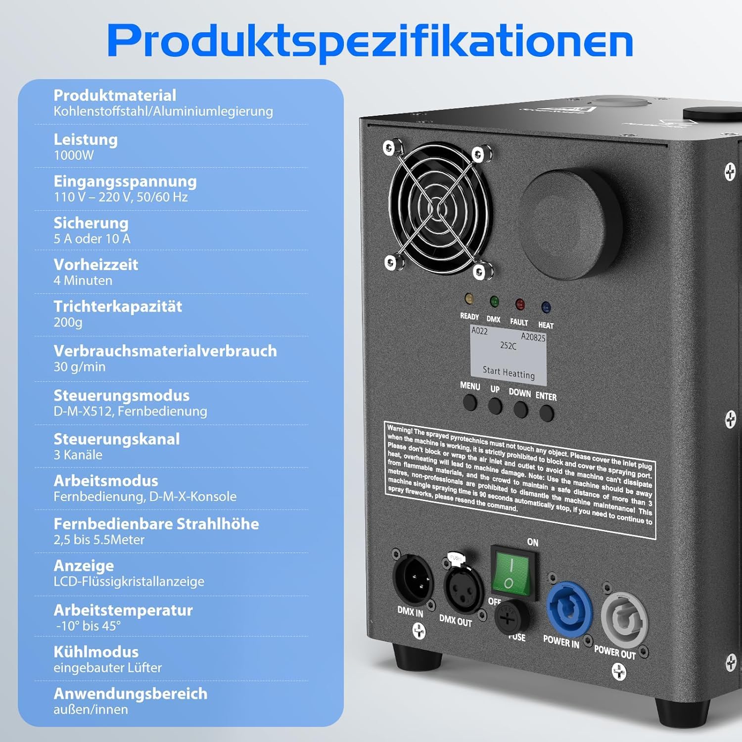 Pyrotechnikmaschinen 1000W, 2 Stück DMX Cold Spark Maschine mit Flightcase Widerstandsheizung für DJ, Partys, Sportveranstaltungen, Hochzeiten