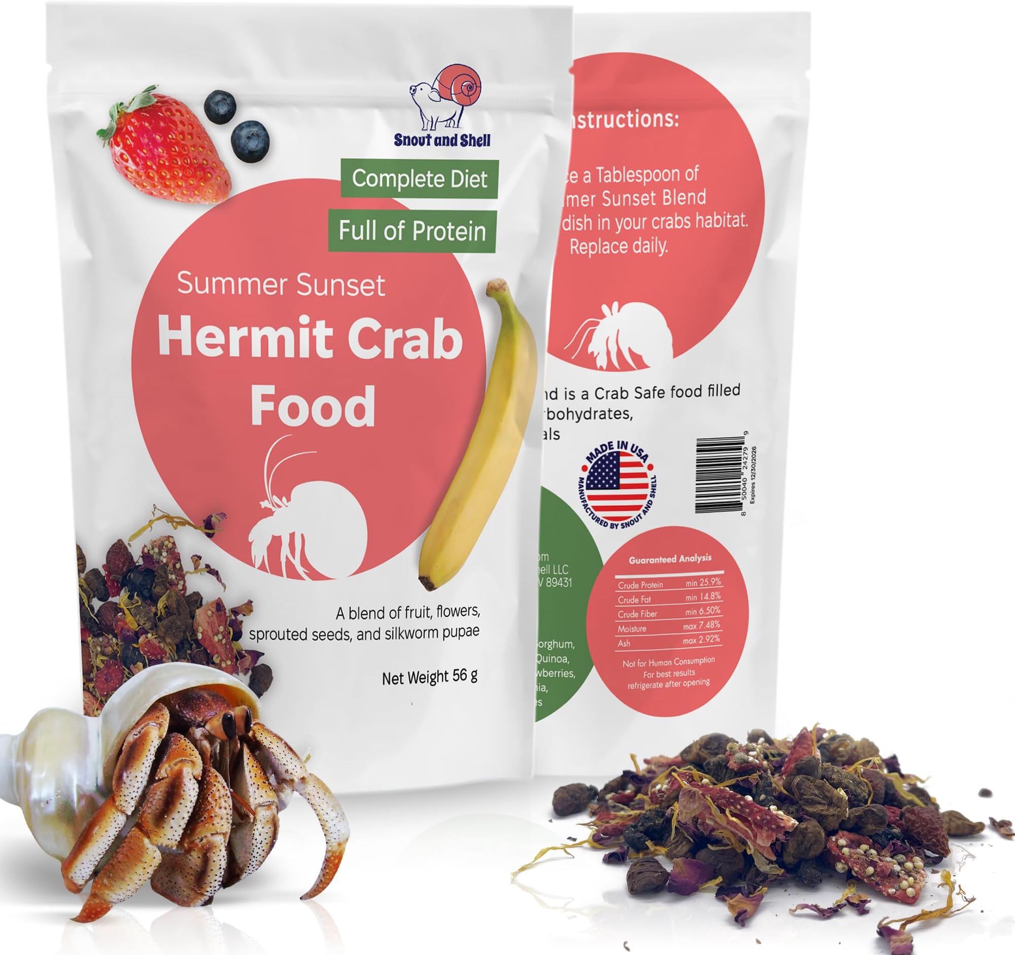 Summer Sunset Wild Hermit Crab Food – Silkworms, Berries & Rose Petals – 56g – Snout and Shell