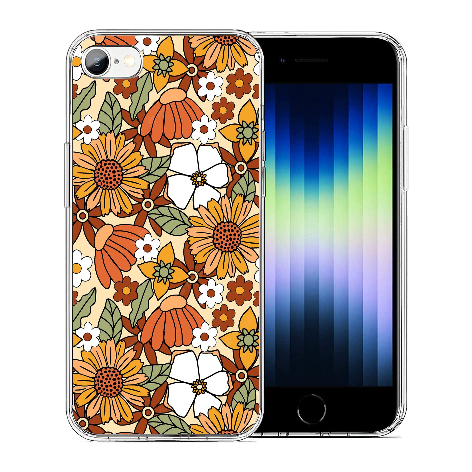 XIASAIJBUDA Vintage Retro 70s Floral Aesthetic Hippie Groovy Yellow Brown White Flowers iPhone 7 Plus/8 Plus Case Protection Shockproof TPU Clear Case Cover for Men & Women