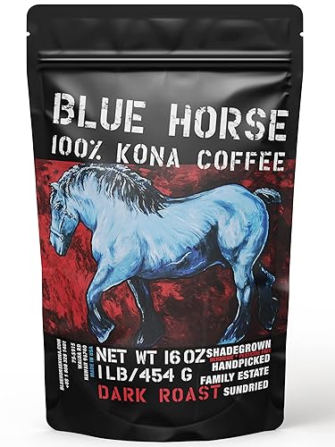 Granja fresca café 100% Kona - tostado oscuro - granos enteros arábica - bolsa de 1 libra o 16 onzas - Blue Horse 100% Kona café de Hawaii