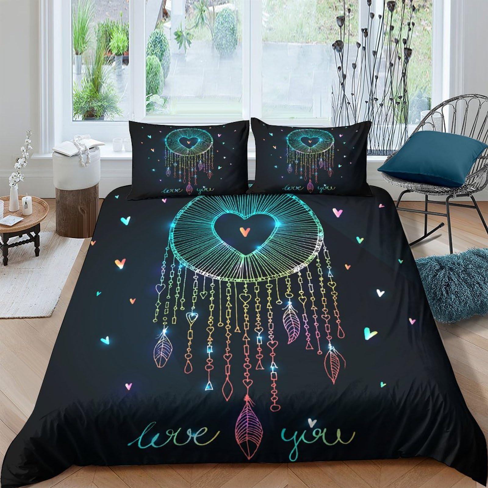 Ctjqhvkz Style-9 3D Printed Dreamcatcher Fitted Sheet Microfiber Black Love Heart Bed Cover For Bedroom Guest Room Machine Washable Single（135X200cm）
