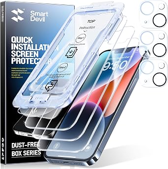 SMARTDEVIL 3+3 Pack HD Clear Screen Protector for iPhone 14 with 3 Camera Lens Protectors, 9H Tempered Glass, Shatter-Resistant, SmartPull Dust & Bubble-Free Install Frame, Case-Friendly
