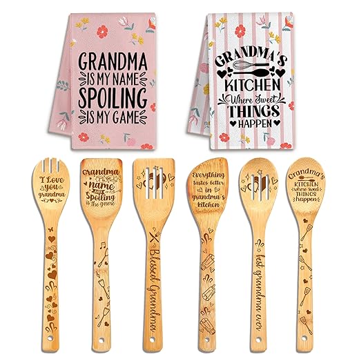 Gifts for Grandma, Christmas Kitchen Gifts for Grandma from Grandkids, Birthday Gift Wooden Cooking Spoons Set Bamboo Kitchen Cooking Utensils Set with Kitchen Towels Set Thoughtful Nana Santa Gift