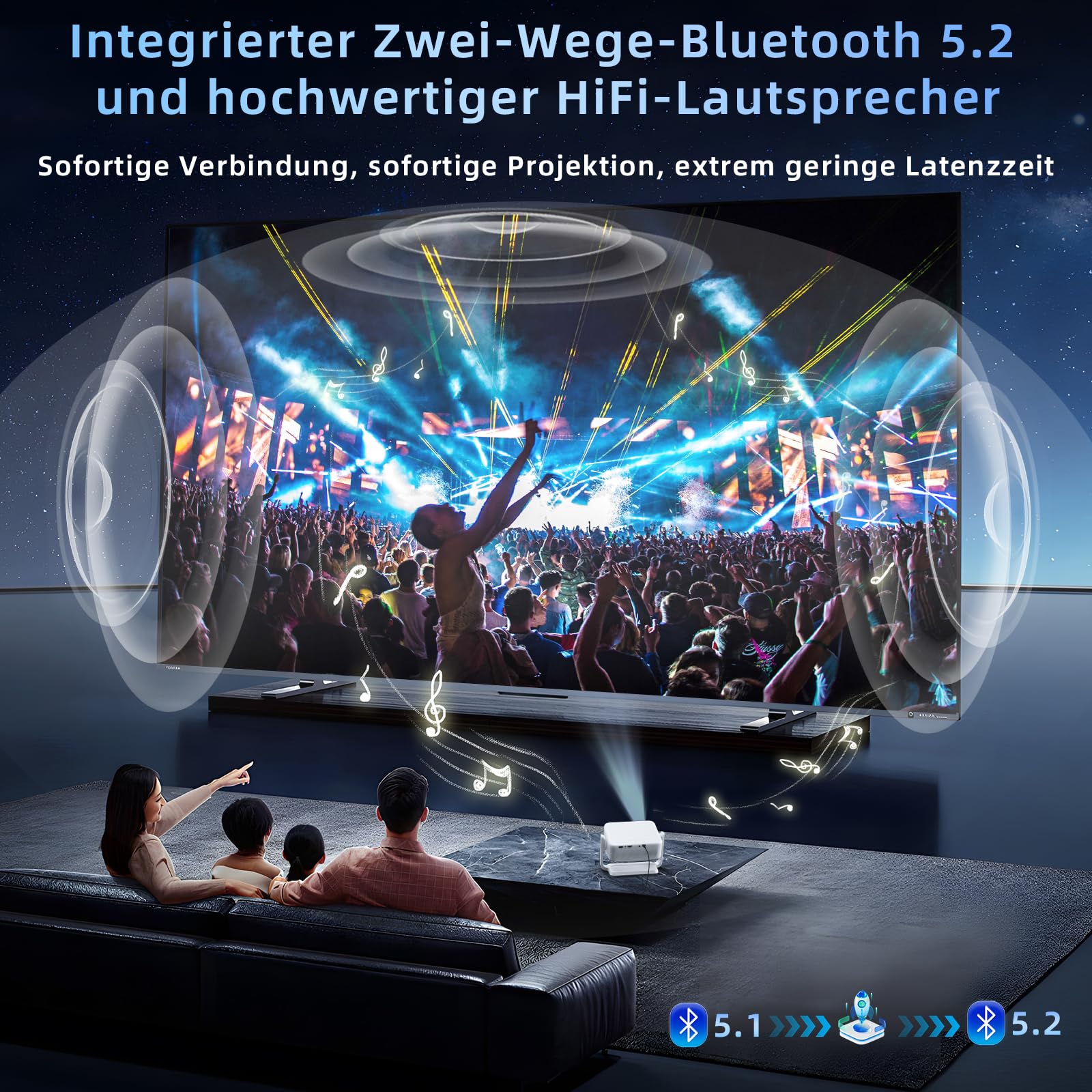 Mini Beamer 4K Full HD 1080P Unterstützt, Elektrischer Fokus und Auto Keystone, WiFi 6 und Bluetooth Beamer, 300 Zoll, 360-Grad-Drehbar Beamer, Ideal für Heimkino und Outdoor, Kompatibel mit Handy,PC