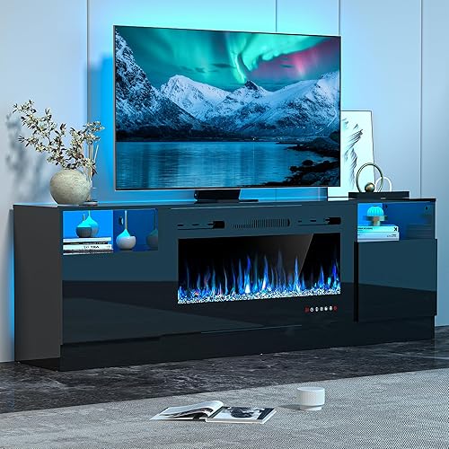 Fireplace TV Stand for 80 Inch TV, TV Stand with 36" Fireplace, LED Light Entertainment Center with Storage Cabinets, Media TV Console TV Table for Living Room, Black