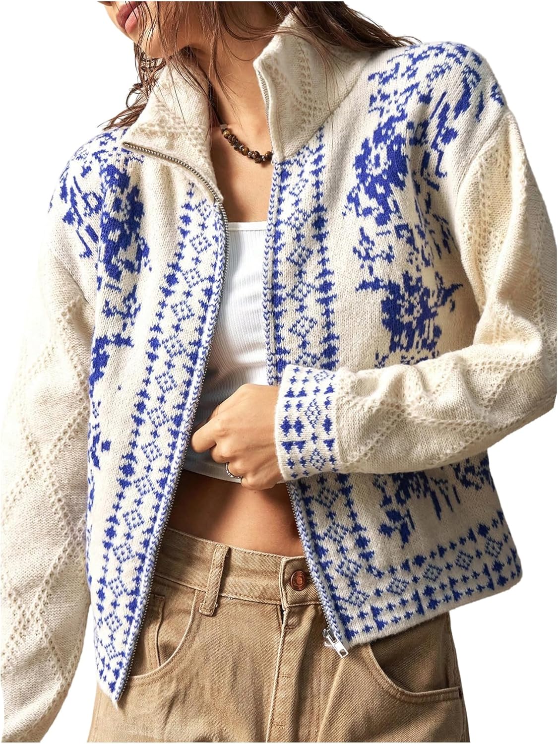 GORGLITTER Women's Bohemian Vintage Graphic Zip Up Cropped Cardigan High Neck Western Long Sleeve Knitwear Tops
