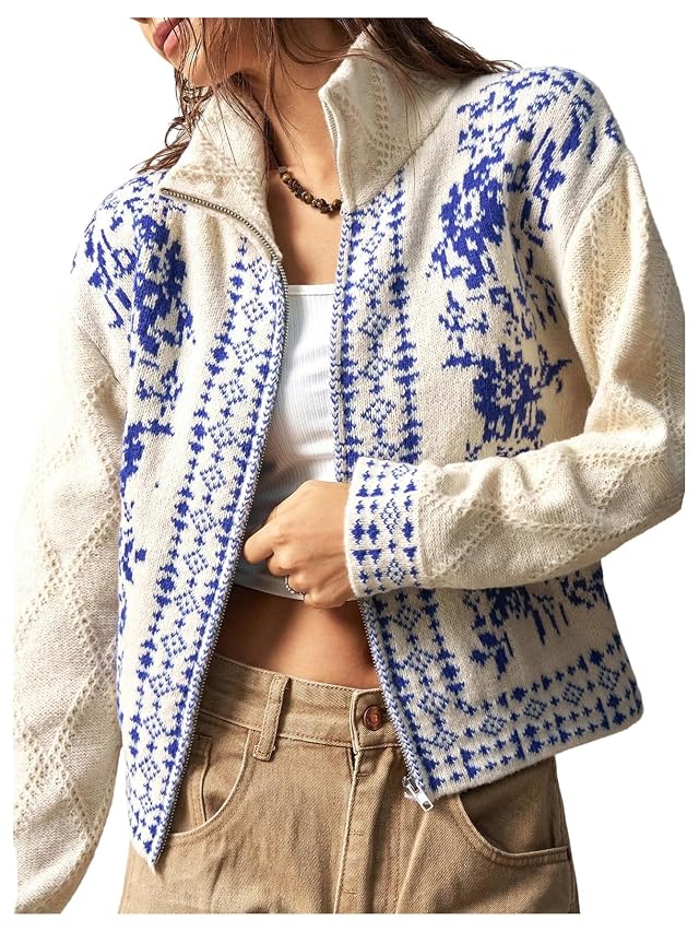 GORGLITTER Womens Bohemian Vintage Graphic Zip Up Cropped Cardigan High Neck Western Long Sleeve Knitwear Tops