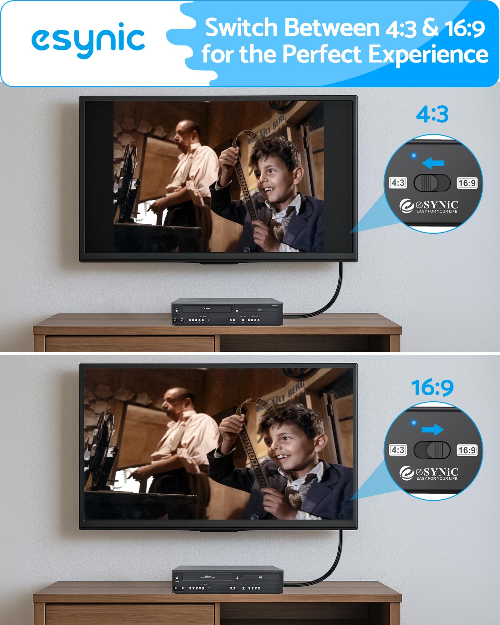 eSynic Convertisseur SCART vers HDMI 1080P avec Câble 1,5m pour TV Moniteur Supporte 3D Commutation 4:3/16:9 Compatible avec Wii PS1 PS2 N64 Xbox DVD Players VCR
