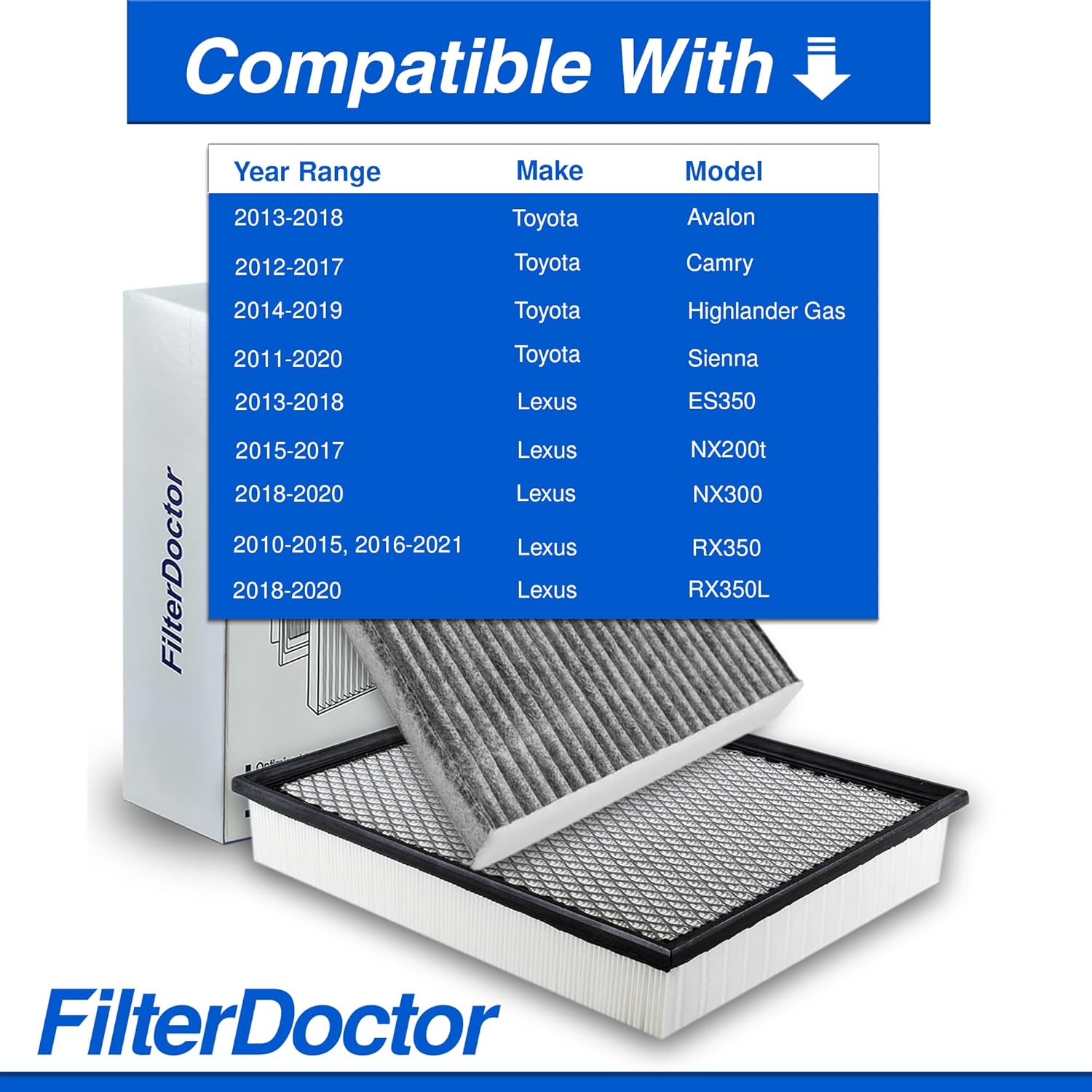 2-PC Engine and Cabin Air Filter Combo |Compatible with Toyota Sienna 2011-2020, Avalon 2013-2018, Camry 2012-2017, Highlander 2014-2019 & Lexus ES350 RX350 NX200t NX300–Premium Replacement Filter Set
