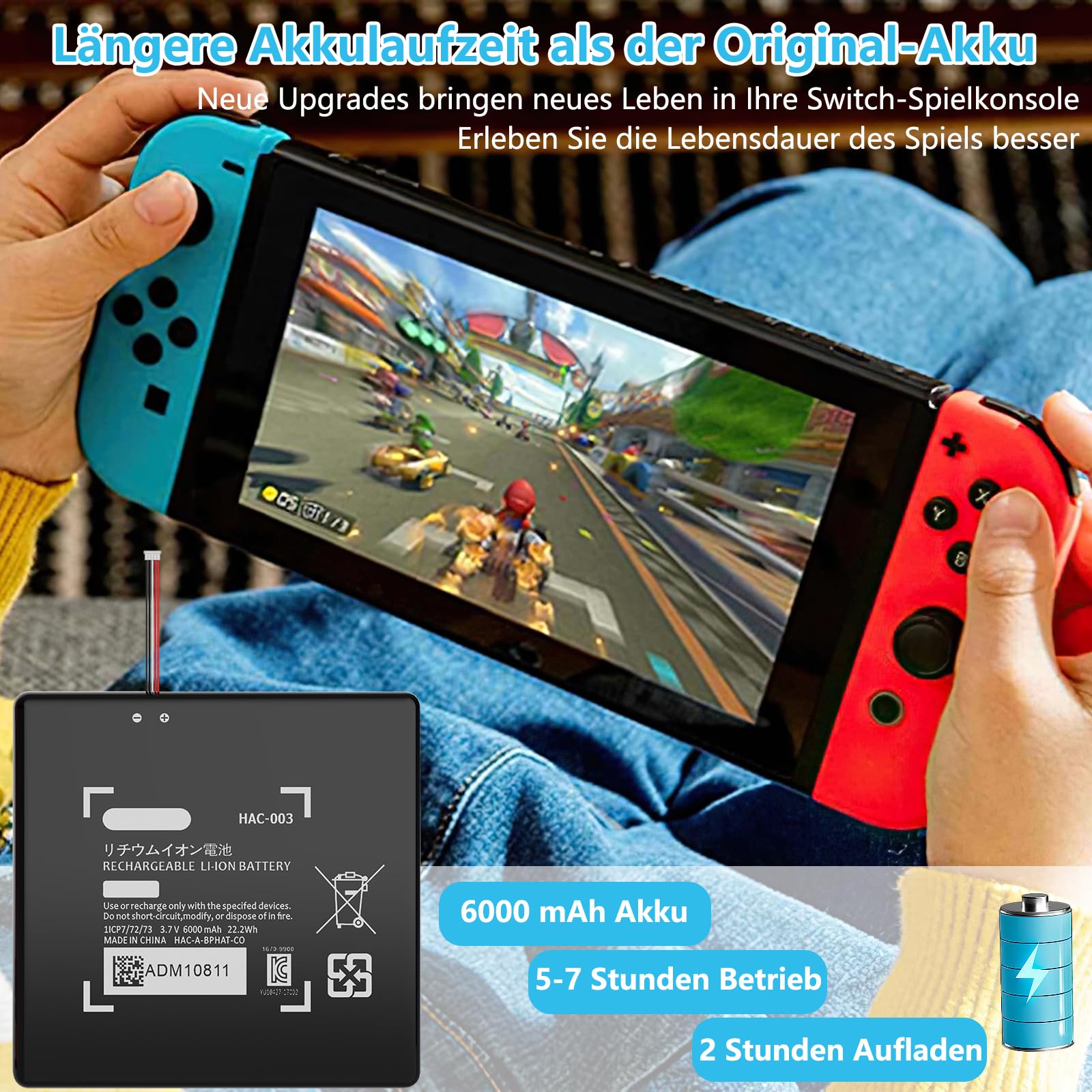 HAC-003 Batteria per Nintendo Switch modello HAC-003/HAC-001 console da gioco palmare, 2025, 6000 mAh, ultra alta capacità, batteria di ricambio agli ioni di litio con strumento di riparazione