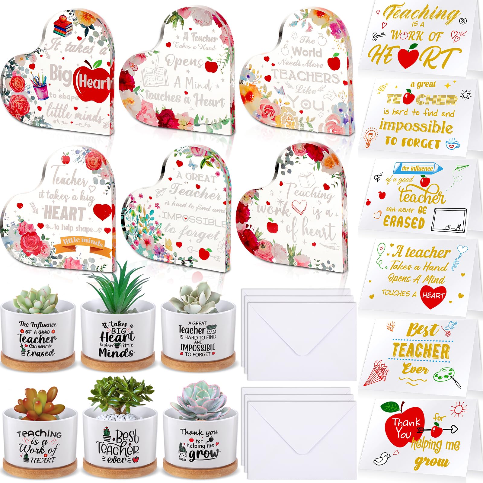 Huwena 18 Pcs Teacher Appreciation Gift Sets Thank You Teacher Gifts Best Graduation Gifts Bulk 6 Succulent Pots 6 Acrylic Paperweight Decor 6 Greeting Card from Students