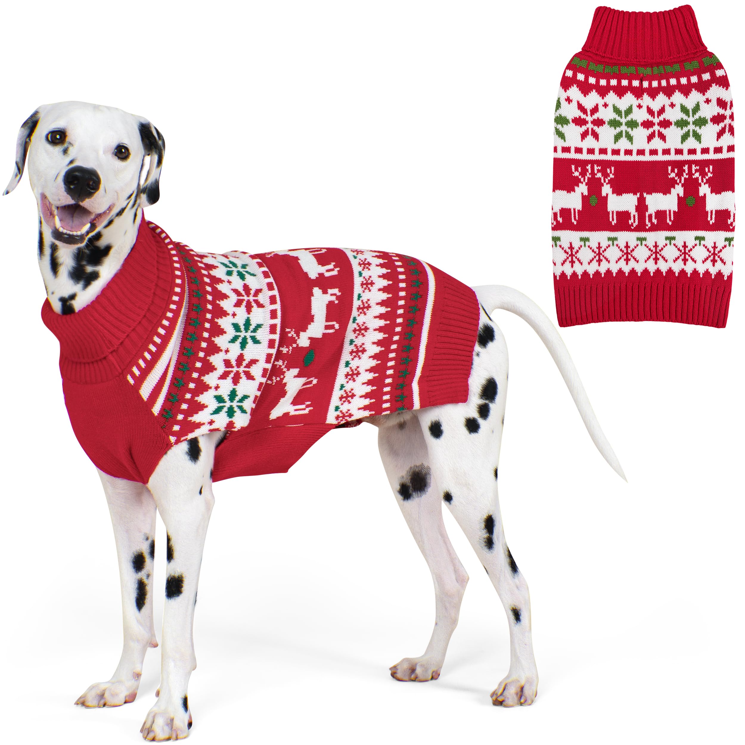 kyeese dog christmas sweater, warm turtleneck dog sweater for large dogs boy girl with snowflake reindeer pattern, winter doggie knitwear with leash hole, cozy winter outfit, xxx-large