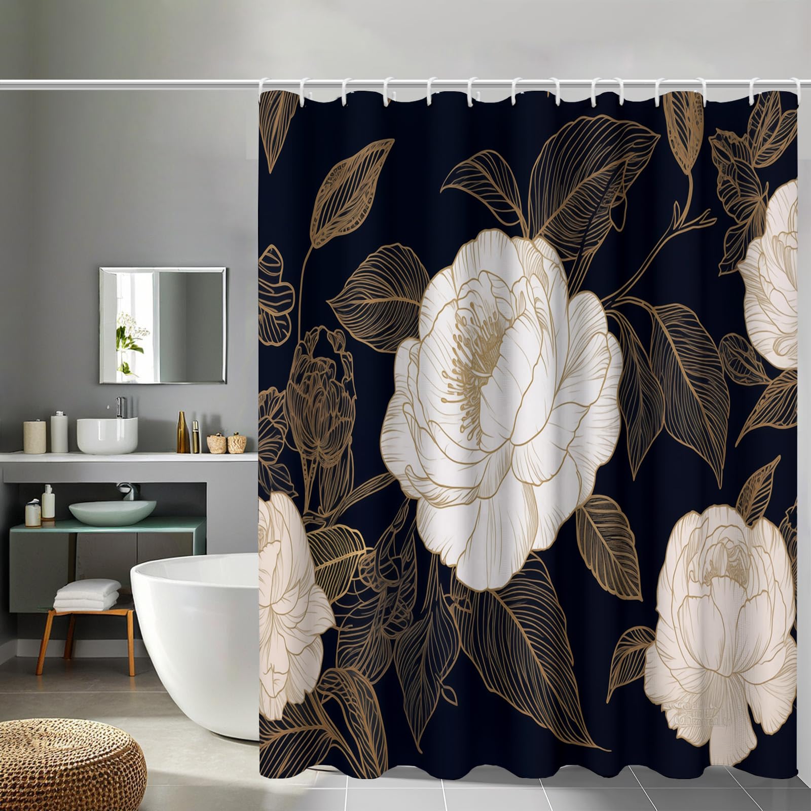 Rideau de douche lavable anti éclaboussure pivoine camélia floral