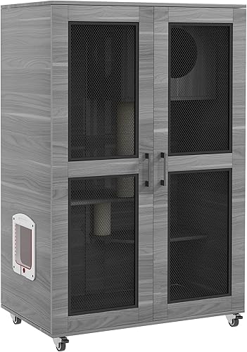 PawHut Casa para gatos con árbol para gatos en el interior, jaula con ruedas para gatos de interior con postes rascadores, condominio, puerta con
