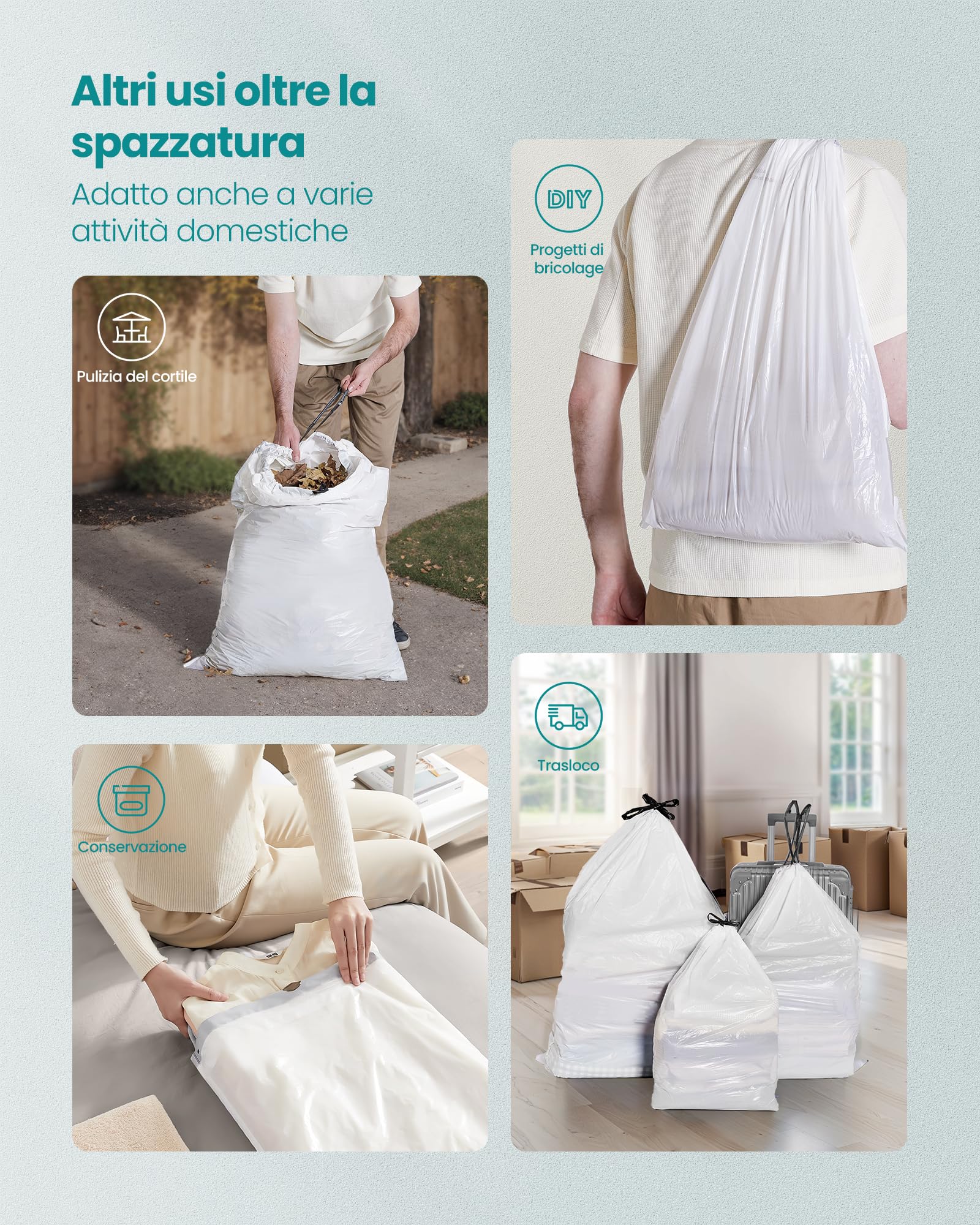 SONGMICS Sacchi Spazzatura, 10 L, Sacchetti per Immondizia Rifiuti con Manici a Cordoncino, 80 Pezzi, Codice R, Resistenti, Scatola per Estrazione Rapida, Bianco Crema KRB011A02