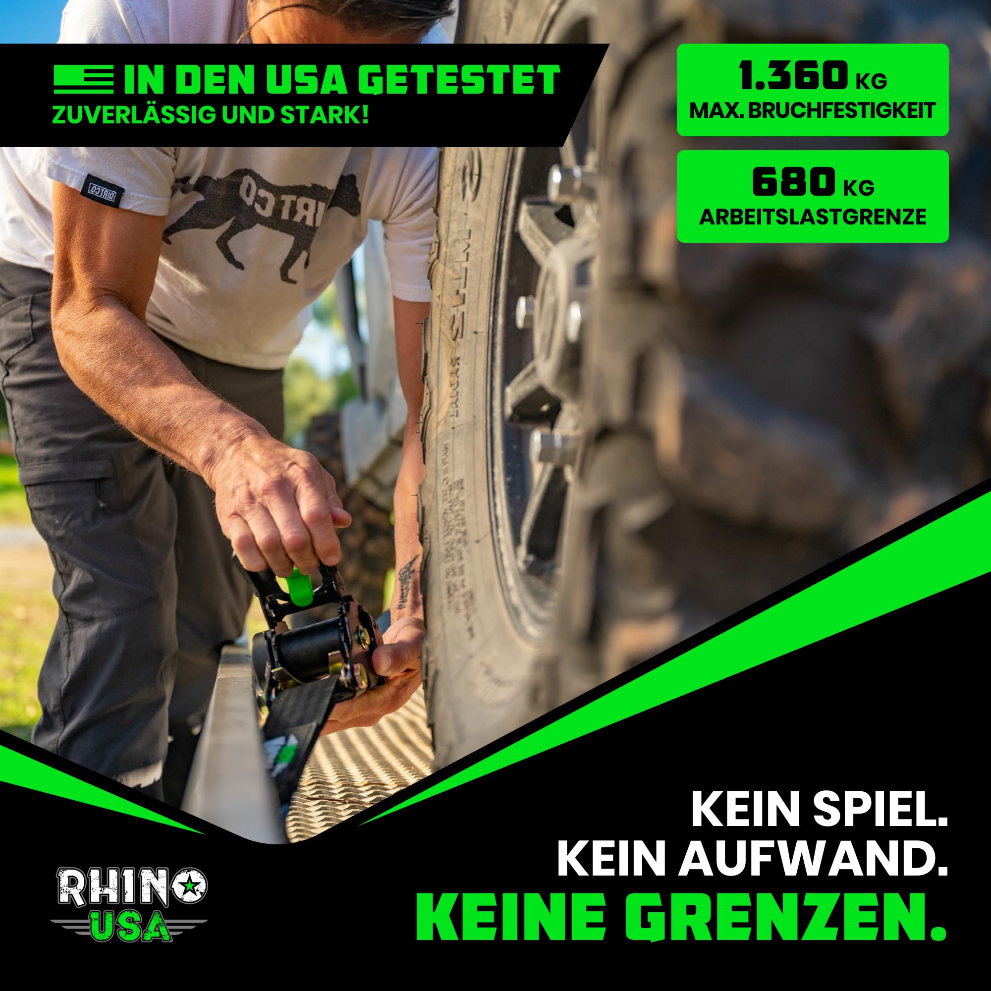 Rhino USA Selbstaufrollende Spanngurte (2er-Pack) - 5cm x 3m (1,360kg Bruchfestigkeit) - Hochleistungs-Automatik-Spanngurte für LKW, Anhänger, Motorrad, Fahrrad & Mehr - Schwarz