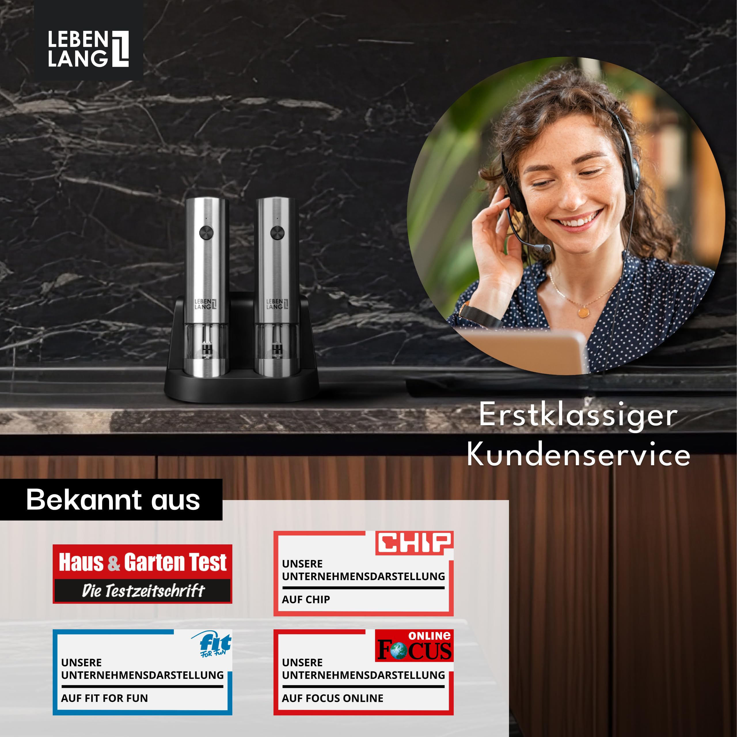 LEBENLANG Salz und Pfeffermühle Elektrisch - Wiederaufladbar & Viel Zubehör I Batterie Set I Pfefferstreuer Pfeffer und Salzmühle für grobes Salt
