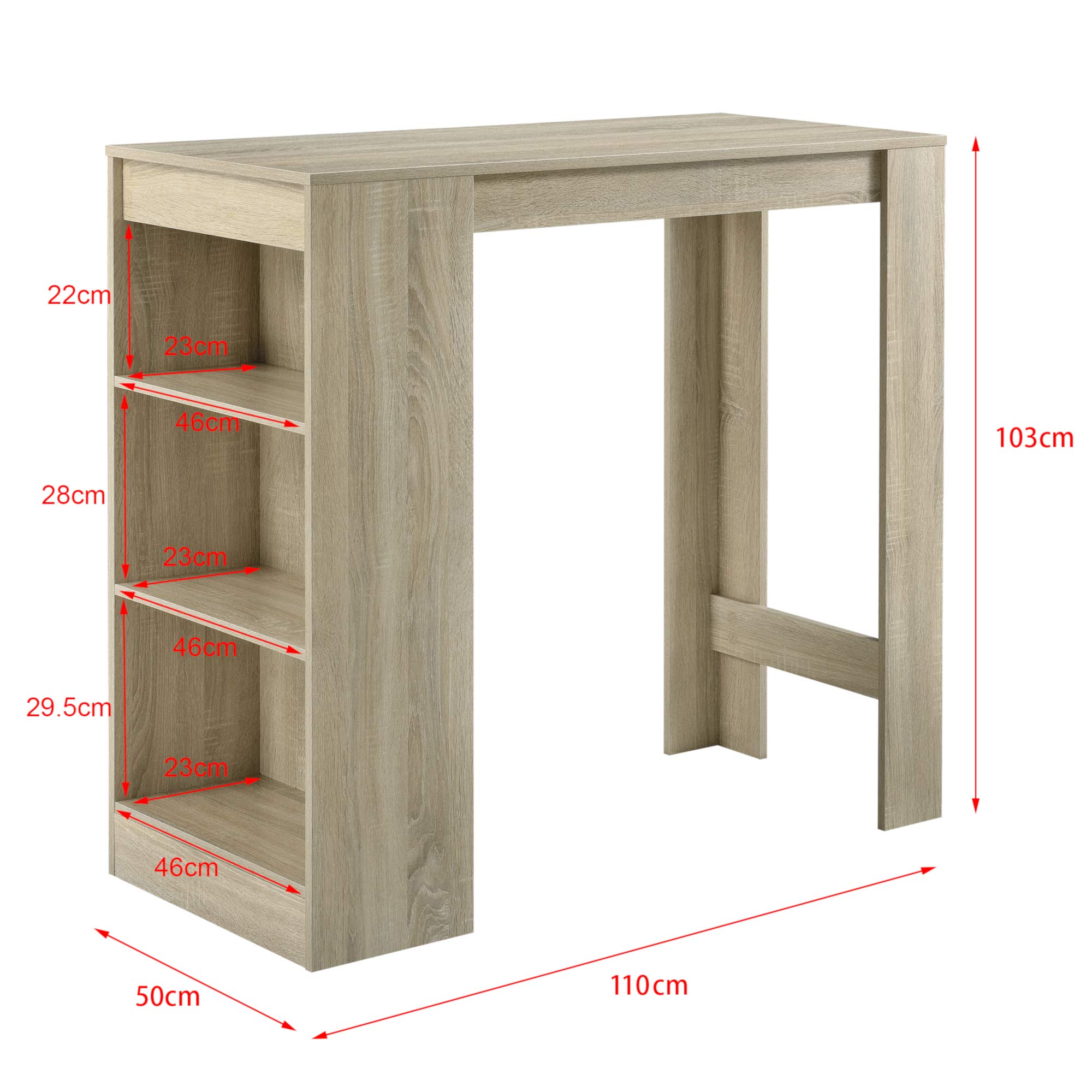 [en.casa] Bartisch Kouvola Bistrotisch Esstisch 110 x 50 x 103 cm Küchentisch Küchentheke mit 3 Fächern Stehtisch Bartheke für Esszimmer Wohnzimmer Küche Eicheoptik