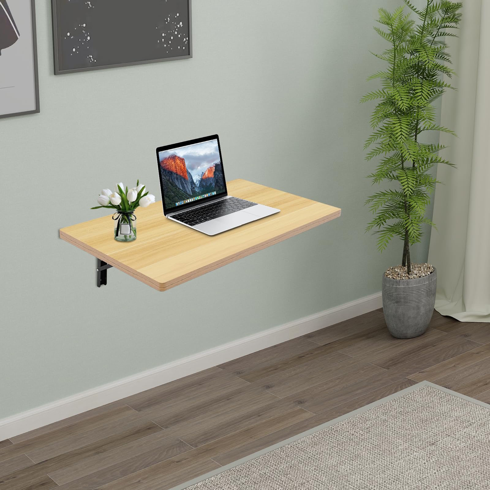 Banco de trabajo plegable montado en la pared, 81 x 45,5 cm, banco de trabajo flotante, soportes de acero negro, soporta 250 kg (color madera)