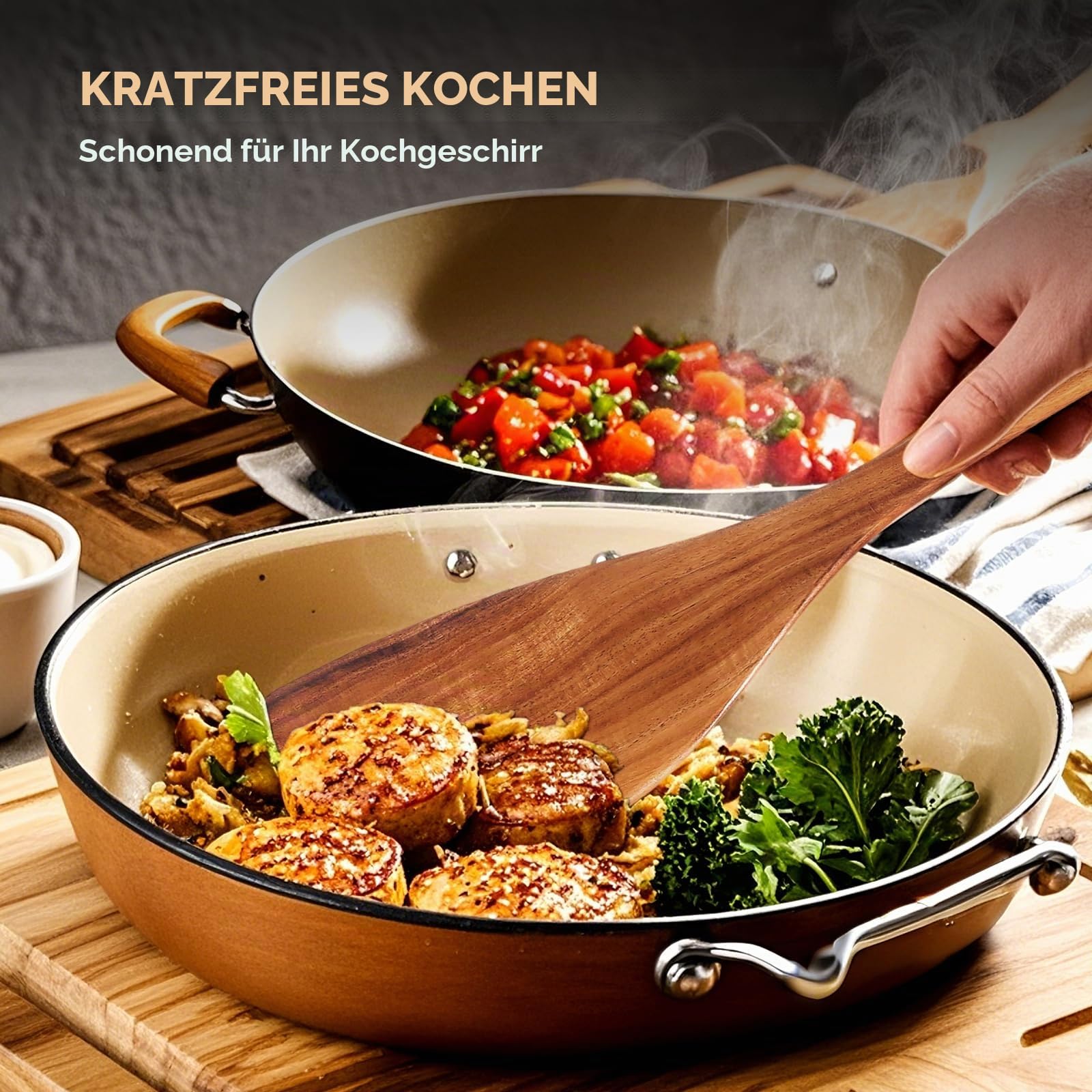 AIUHI Antihaft-Küchenutensilien-Set aus natürlichem Holz, glatt polierte Teakholz-Löffel zum Kochen, Pfannenwender mit bequemem Griff für anspruchsvolles Kochen, 6-teilig