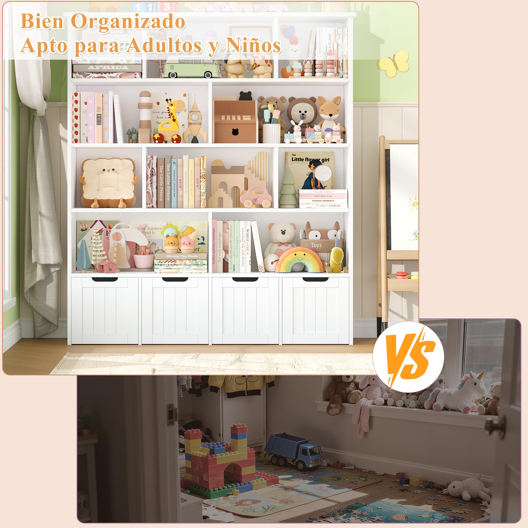 FOREHILL Mueble Organizador Juguetes, Mueble Almacenaje Juguetes, Estanteria Montessori, Organizador de Juguetes Infantil, 4 Cajones con Ruedas, 10 Compartimentos, Blanco 125.5x33x146 cm