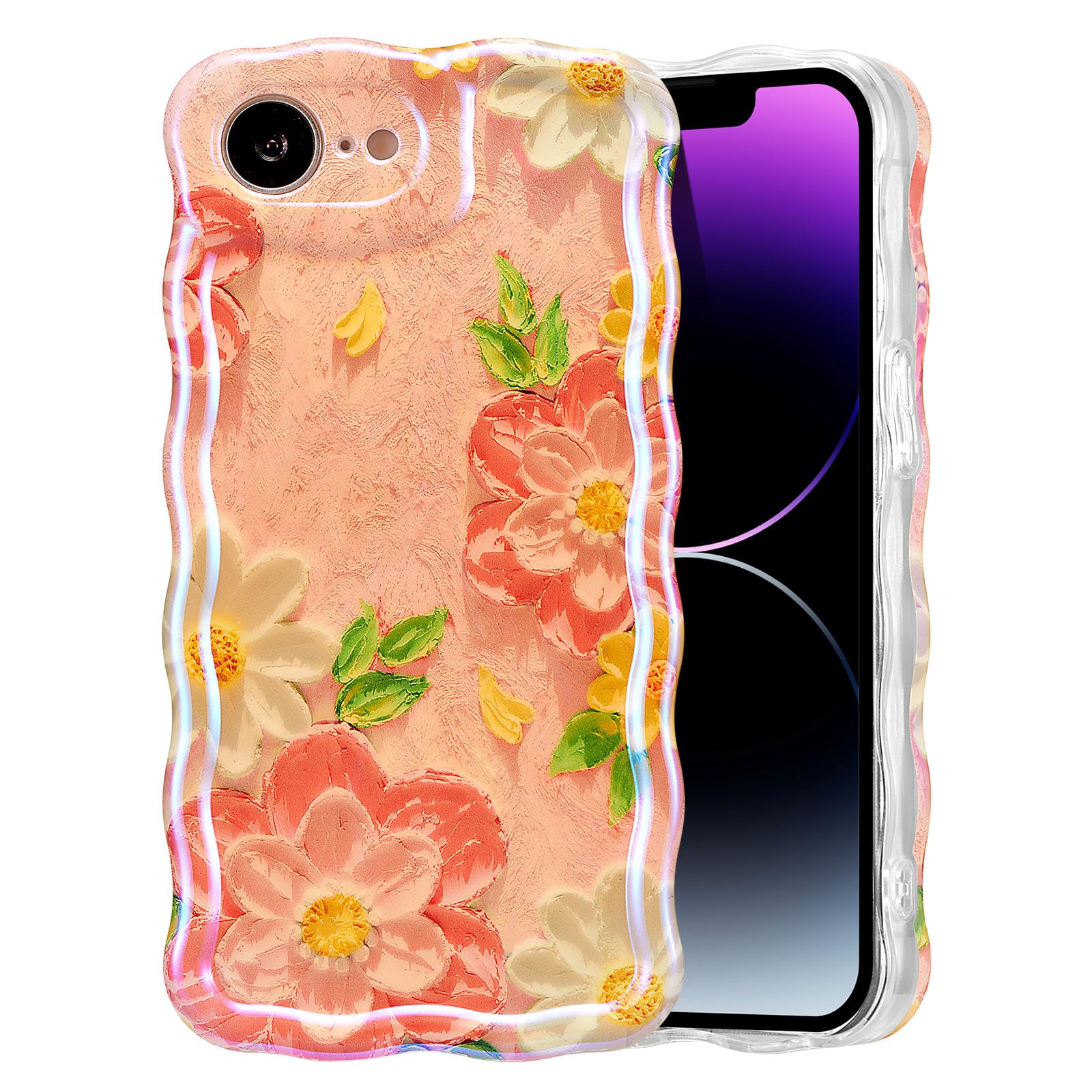 EYZUTAK Case for iPhone 15, Colorful Retro Oil Painting Flower Laser Beam Glossy Pattern Cute Curly Waves Border Exquisite Phone Cover Stylish Durable Soft TPU Protective Case for Girls Women - Green — view 102