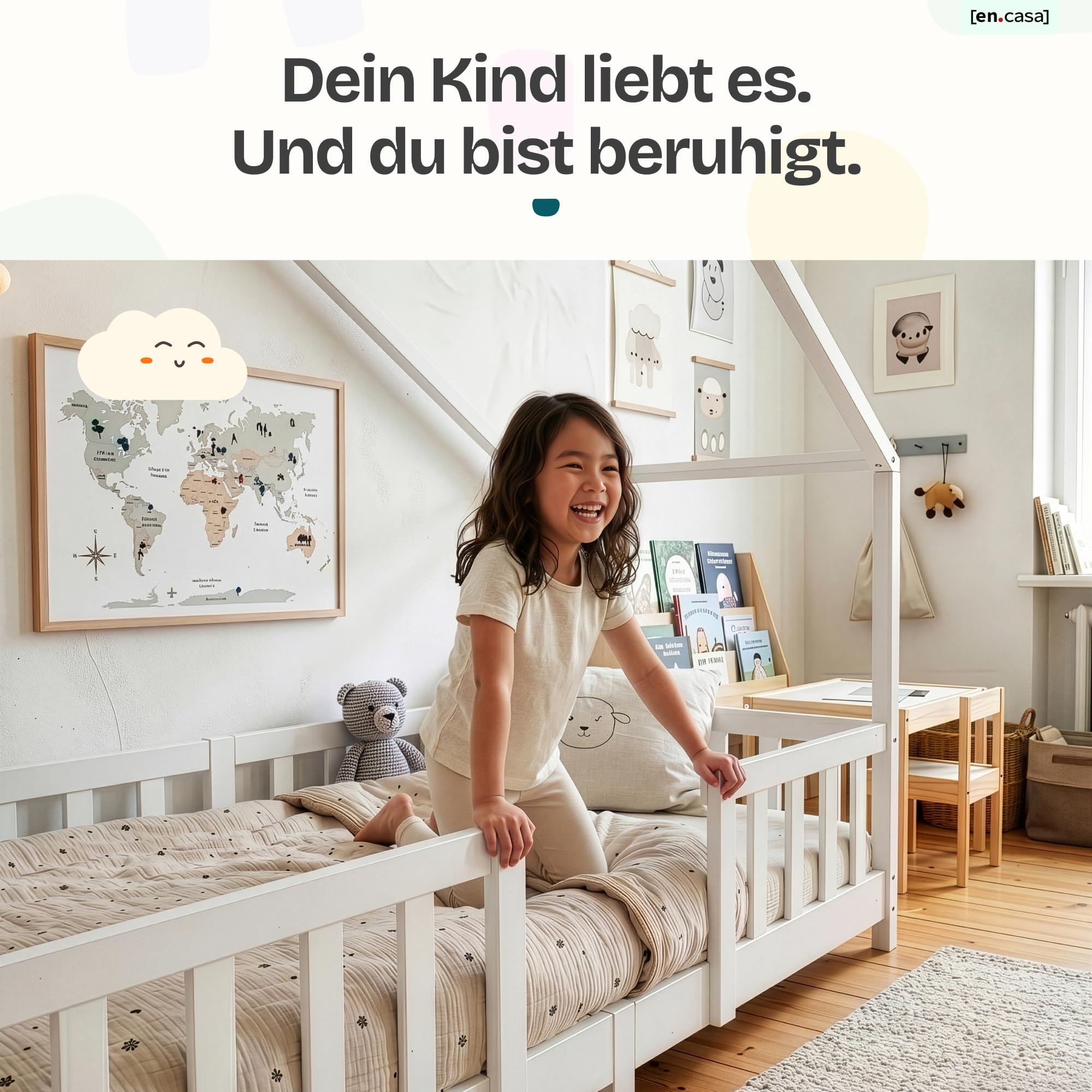 [en.casa] Kinderbett Treviolo 90x200 cm Weiß | Hausbett, Montessori, Holzbett für Kinder, Bettgestell mit Lattenrost, Kiefernholz