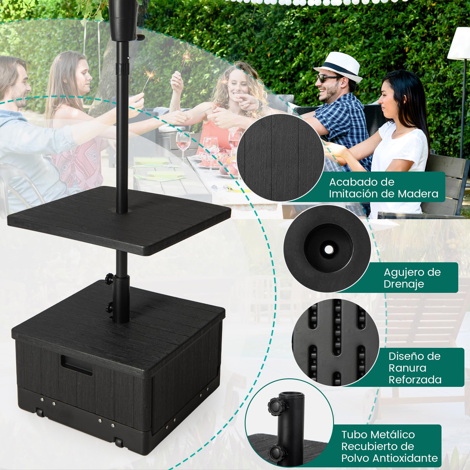 COSTWAY Base Sombrilla con Ruedas, Bandeja De Mesa, Soporte Sombrilla Terraza Exterior Apto para Postes de 38mm 48 mm, 3 en 1 Pie Sombrilla Rellenable de Agua 45L, Arena 67kg, Jardin Patio (Negro)