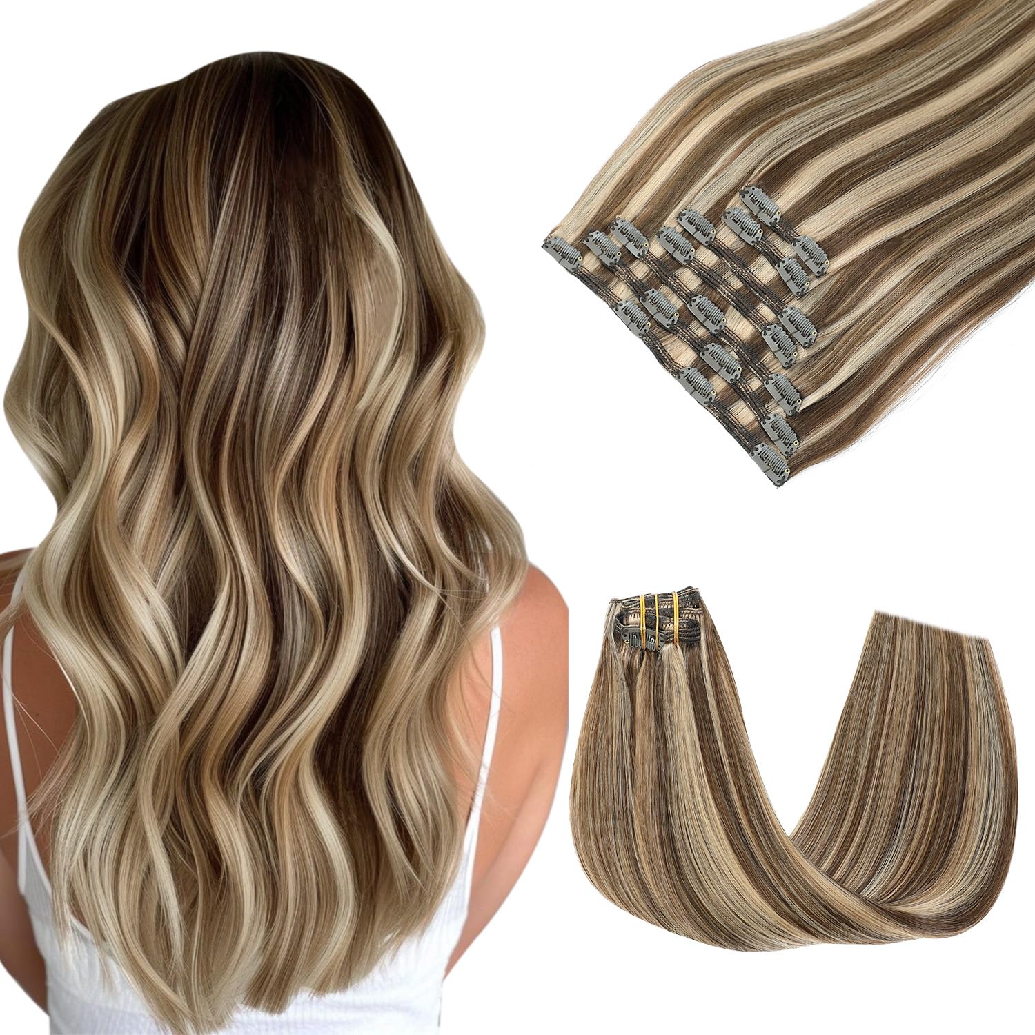 SAFIRENY Clip In Hair Extensions Real Human Hair, 20inch 160g 7pcs Hair Extensions Chocolate Brown Highlighted Caramel Blonde Extensions Clip ins,