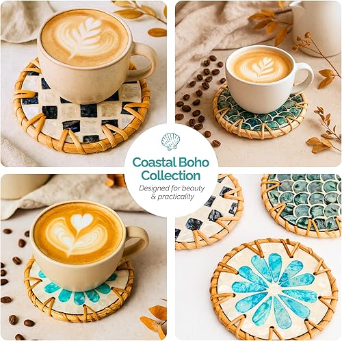 Miniatura 6 de JUNGLE CULTURE Posavasos de ratán de madreperla para bebidas con soporte  Juego de 6 posavasos redondos hechos a mano  Artículos para el hogar