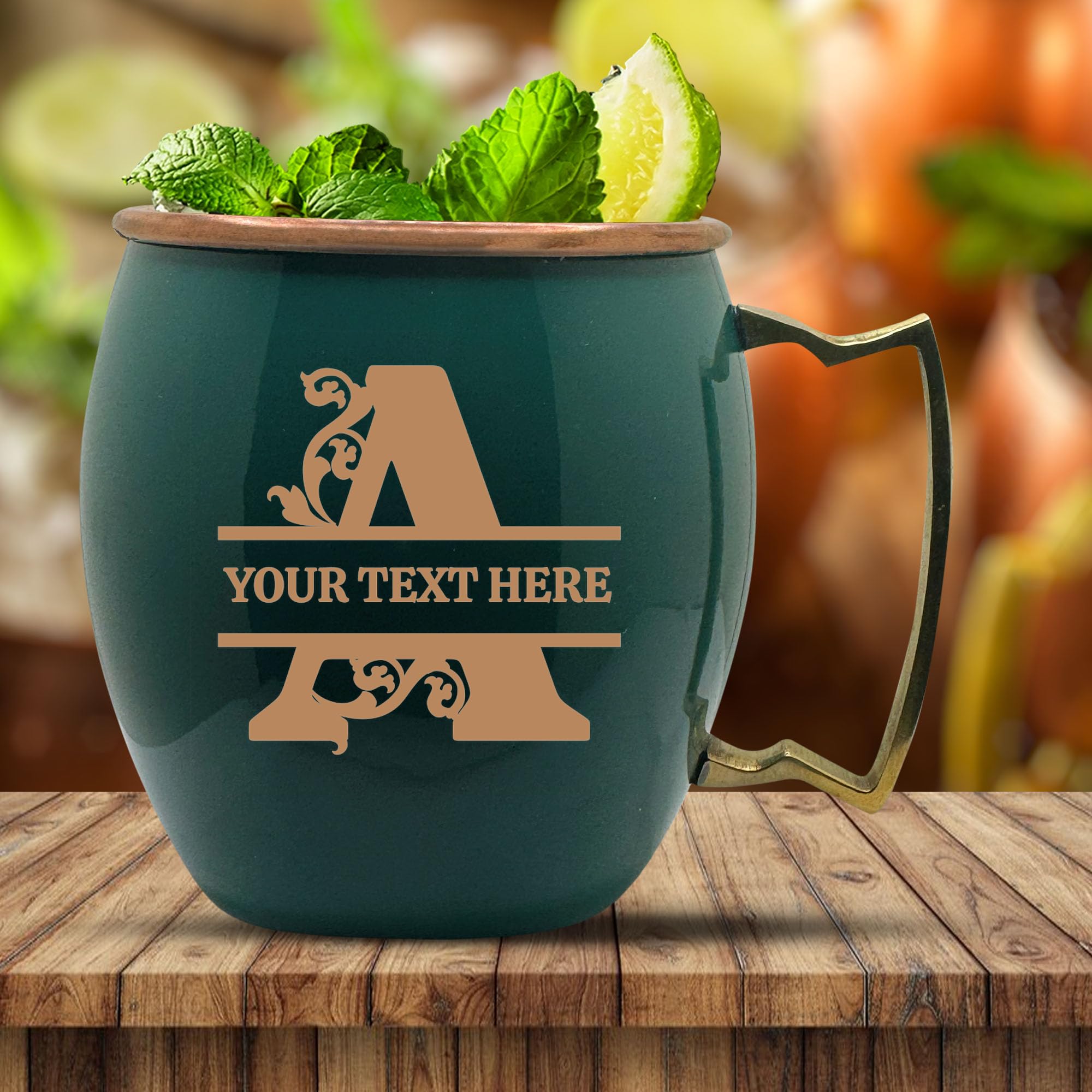 Custom Copper Moscow Mule with Smooth Painted Finish - Engraved Bar Style 100% Copper Cup with Personalized Bold Vine Letter Monogram Themed Engraving, Brass Handle | 18 oz, Green